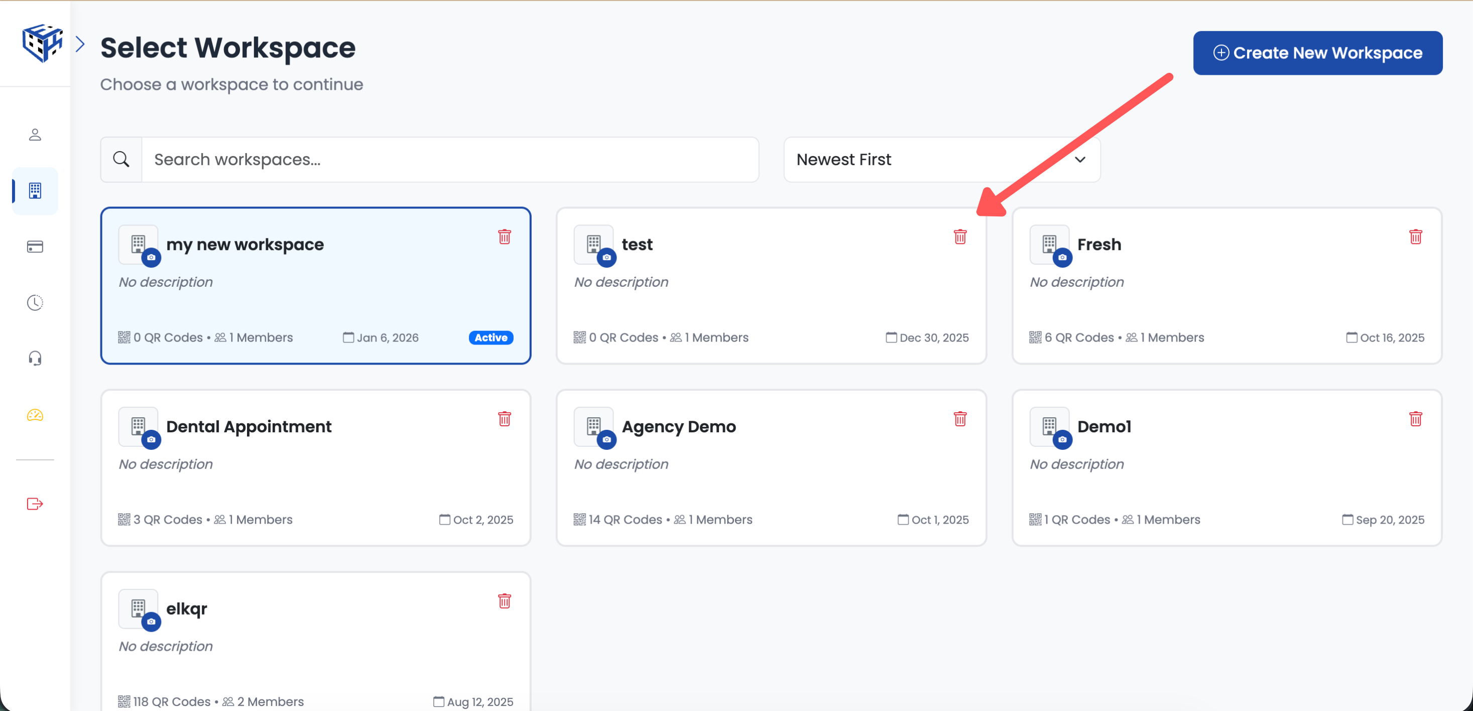 Trash icon on workspace card