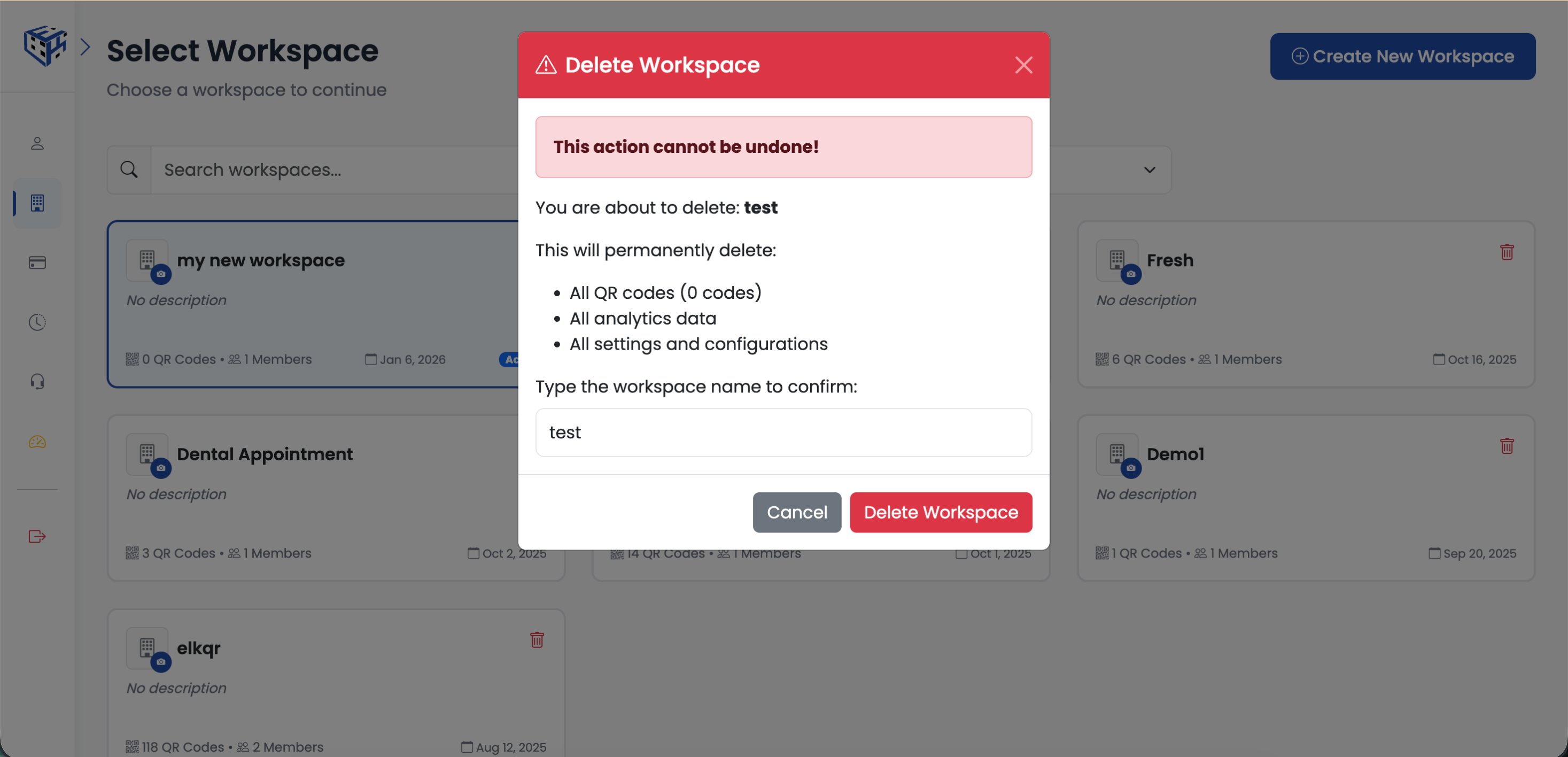 Confirmation dialog requiring workspace name