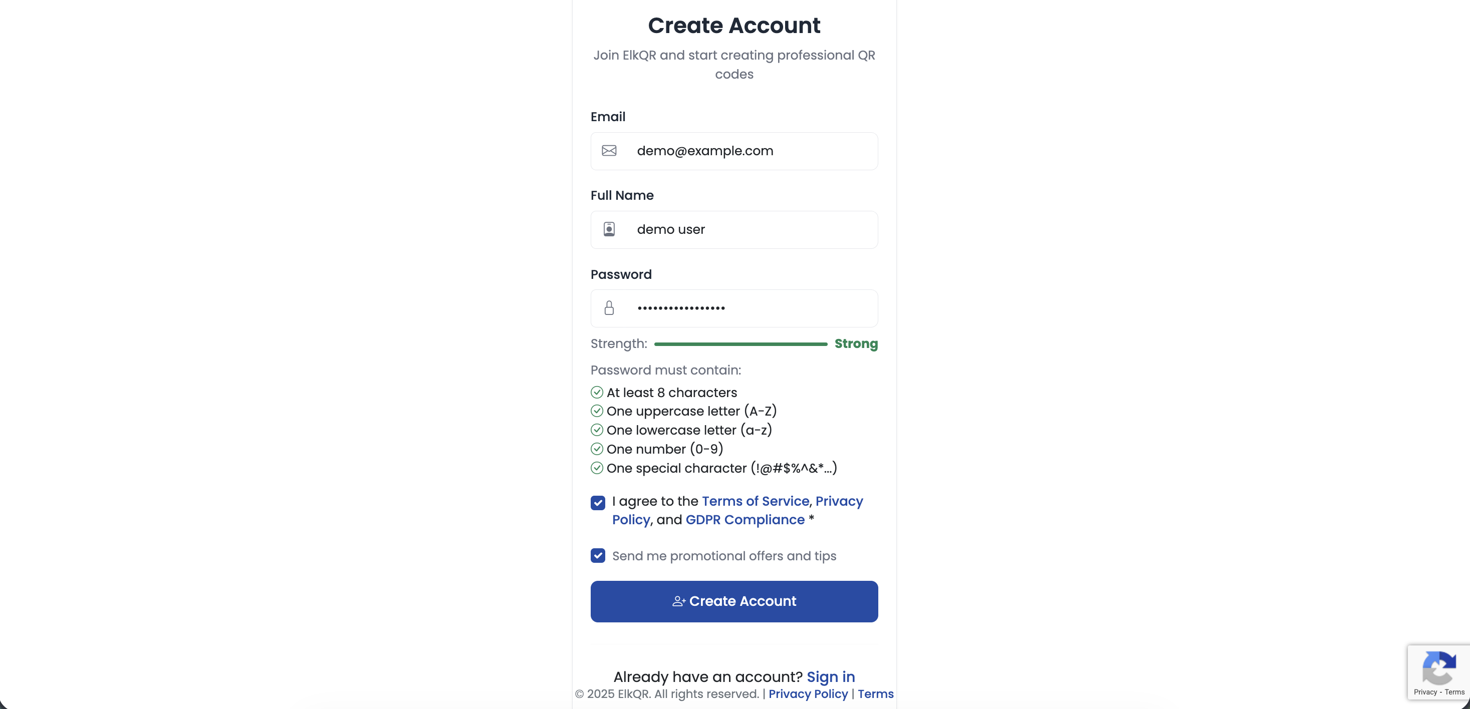 ElkQR registration form