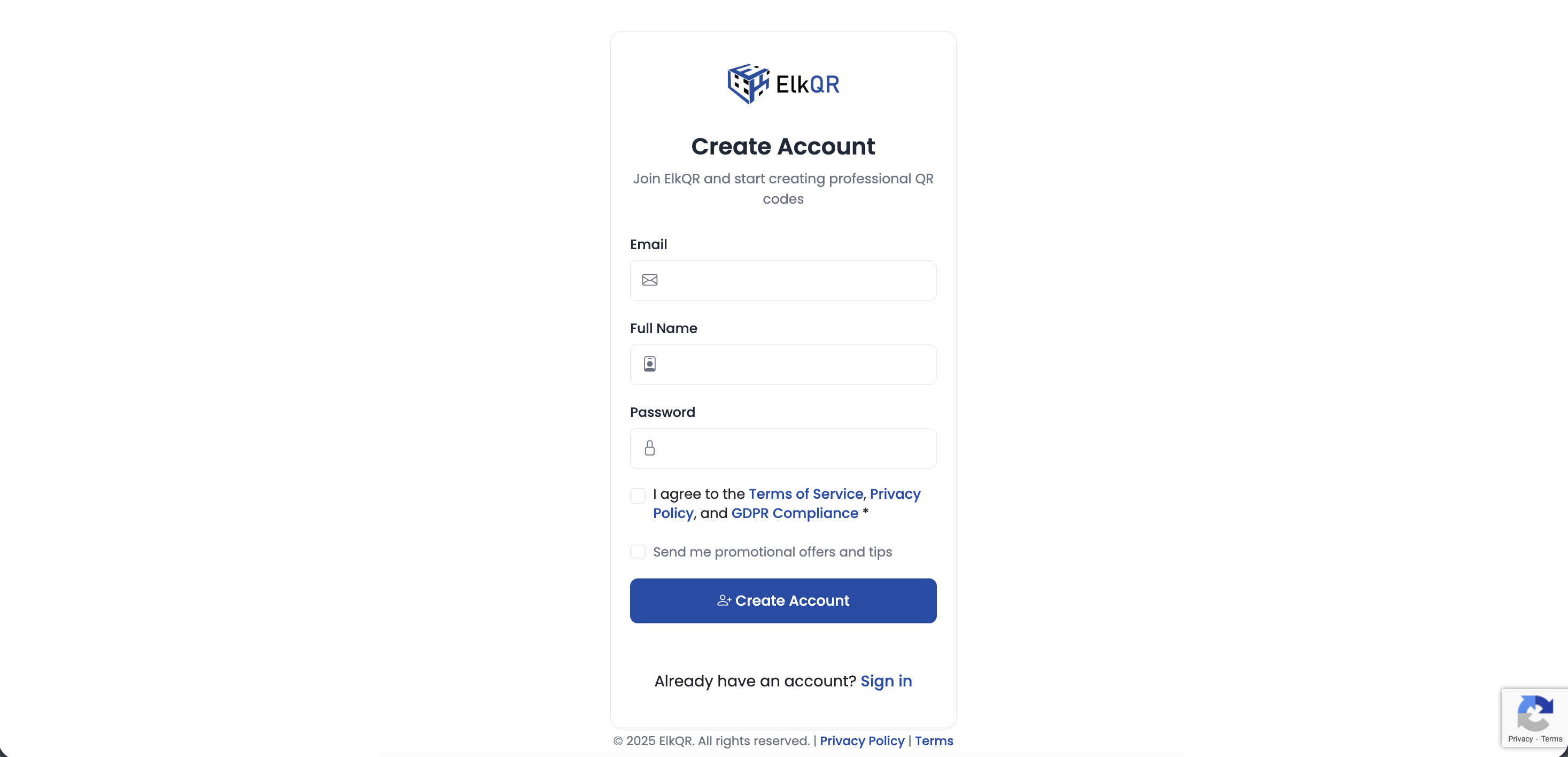 ElkQR homepage with Get Started button