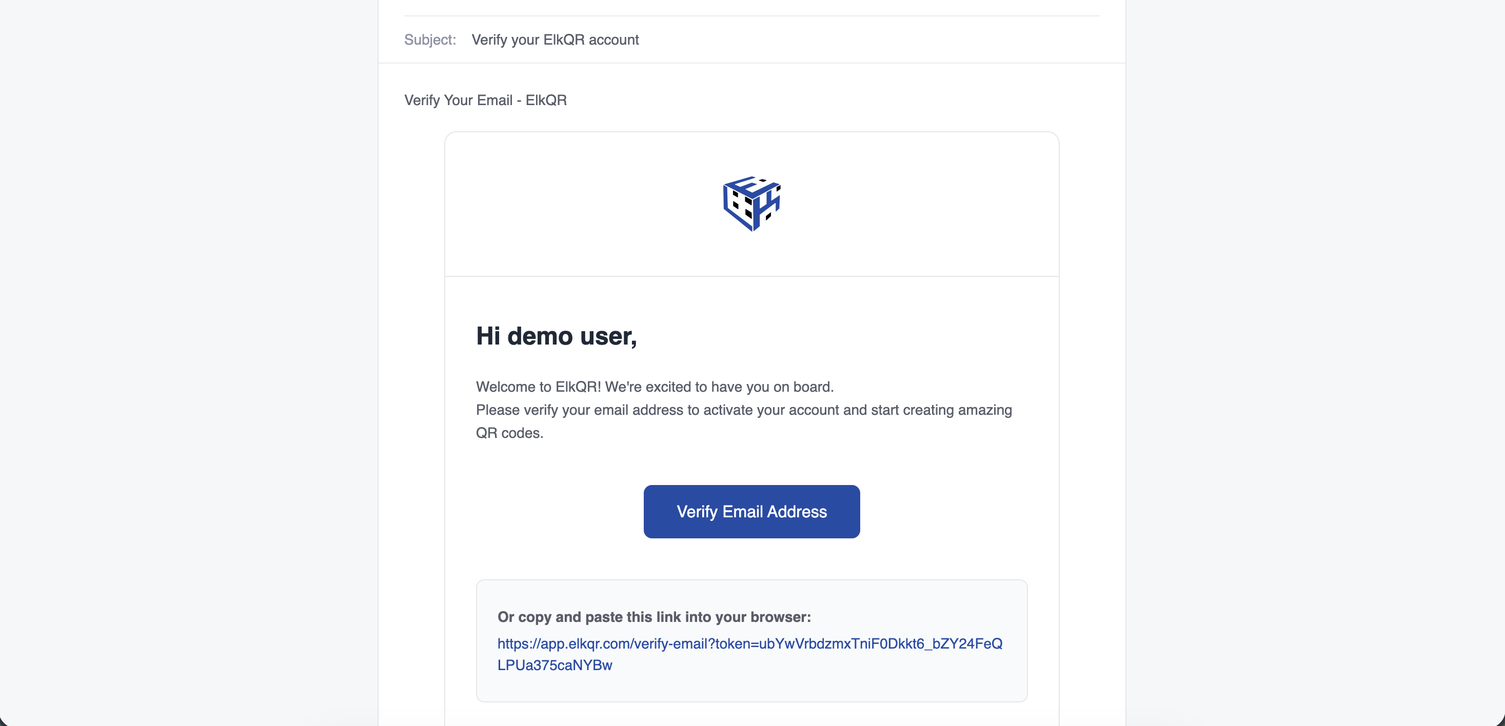 Verification email from ElkQR