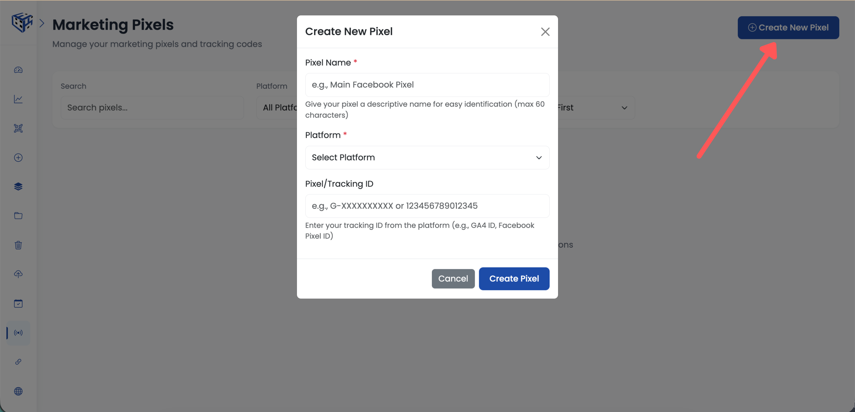 Create New Pixel button