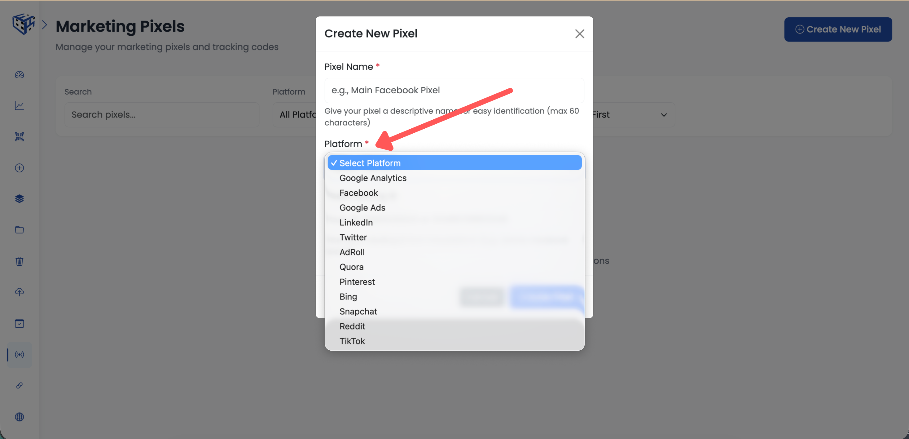Select platform dropdown