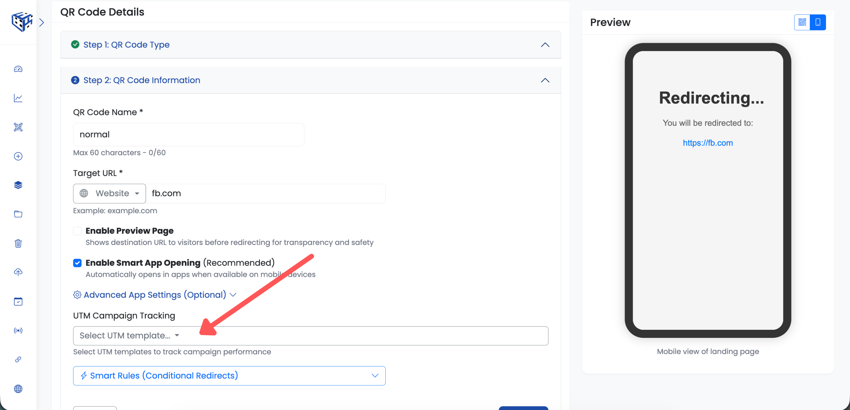 UTM Campaign Tracking dropdown