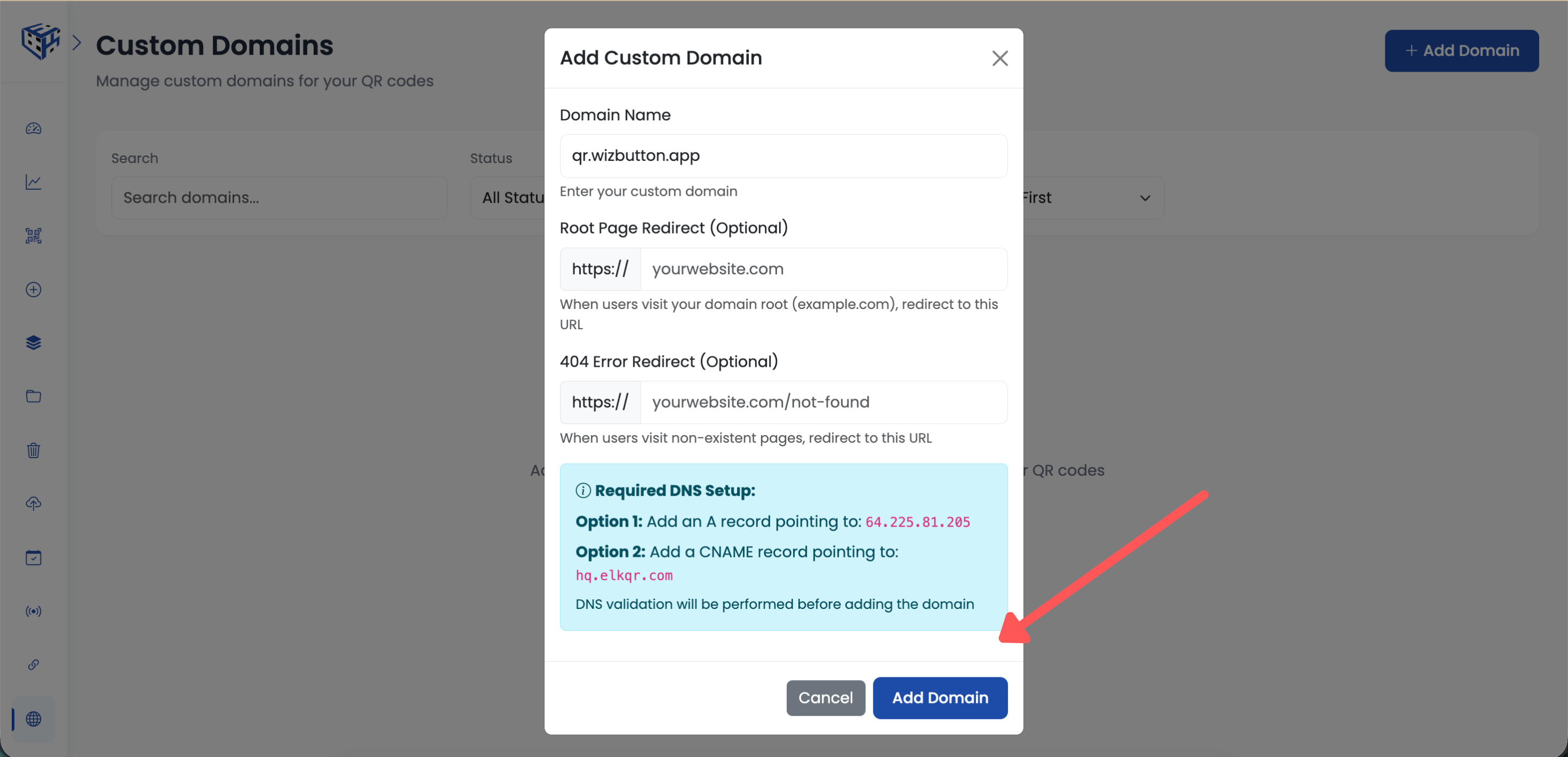 Add Custom Domain form