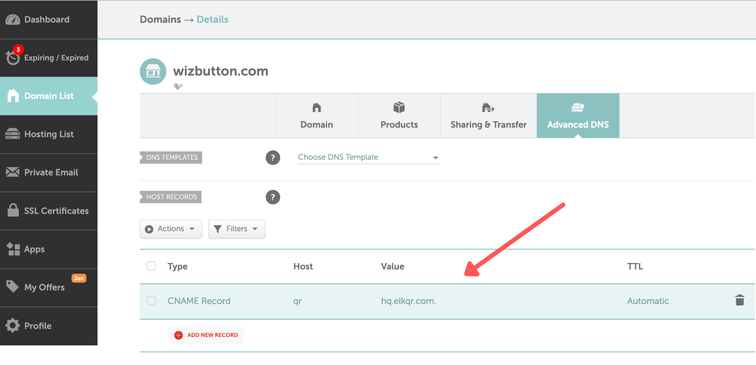 CNAME Record configuration example