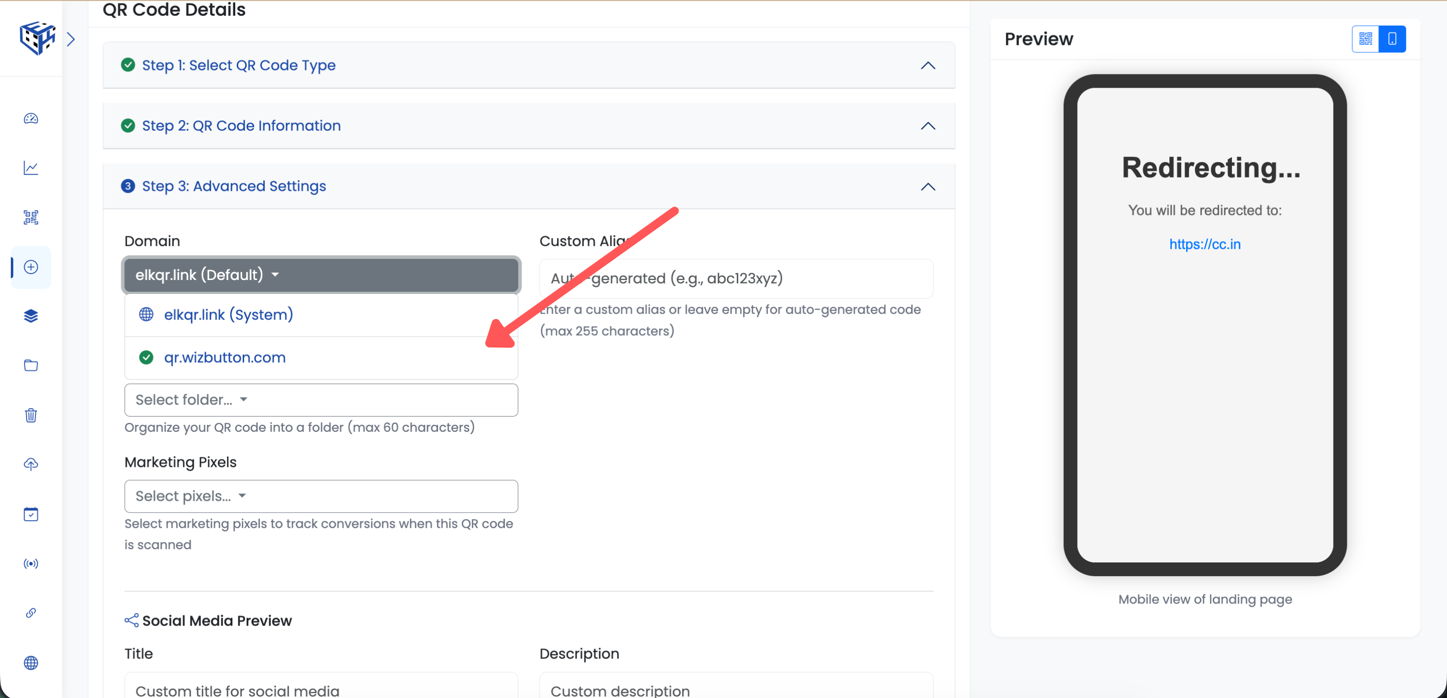Selecting custom domain when creating QR code