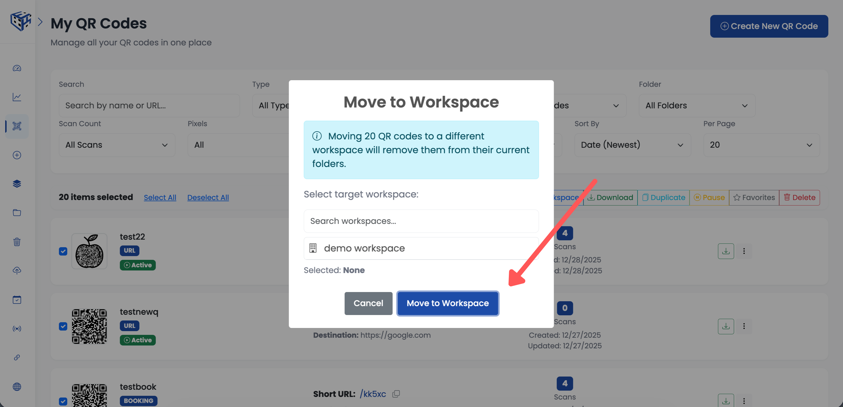 Bulk workspace popup