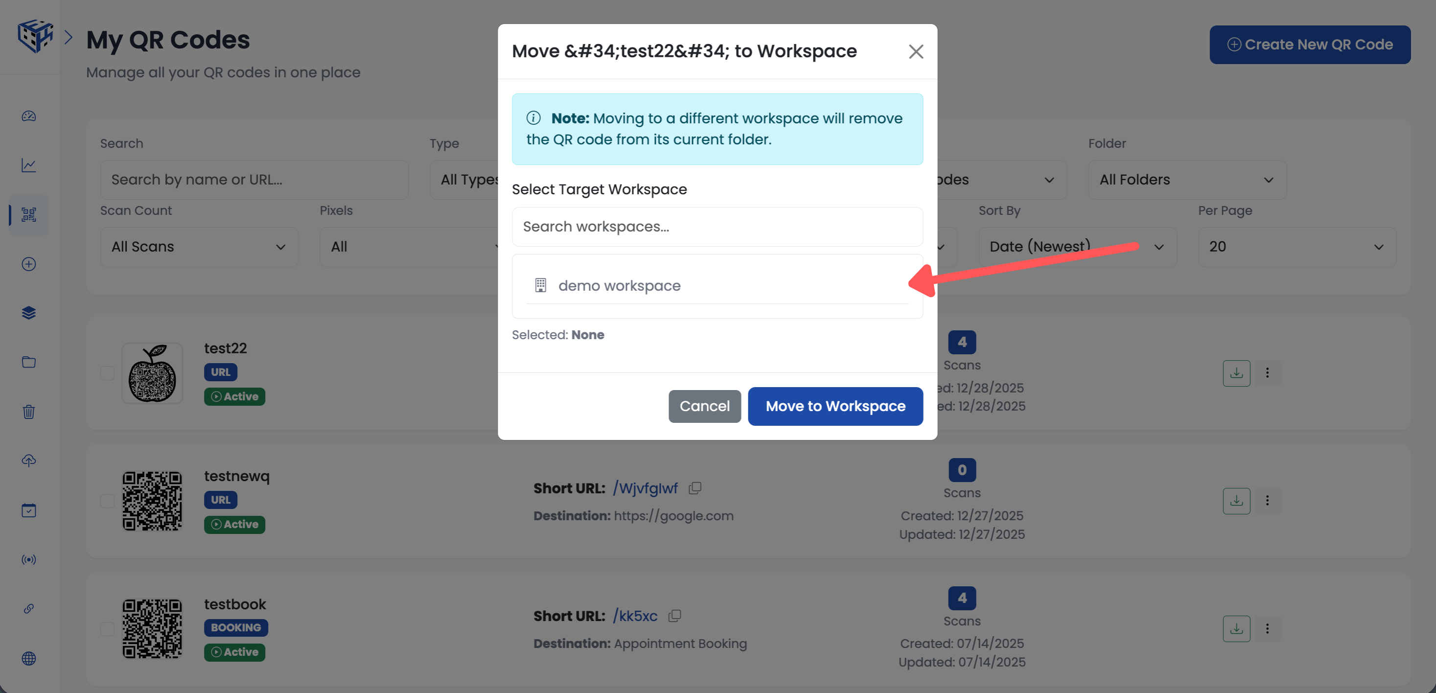 Select workspace popup