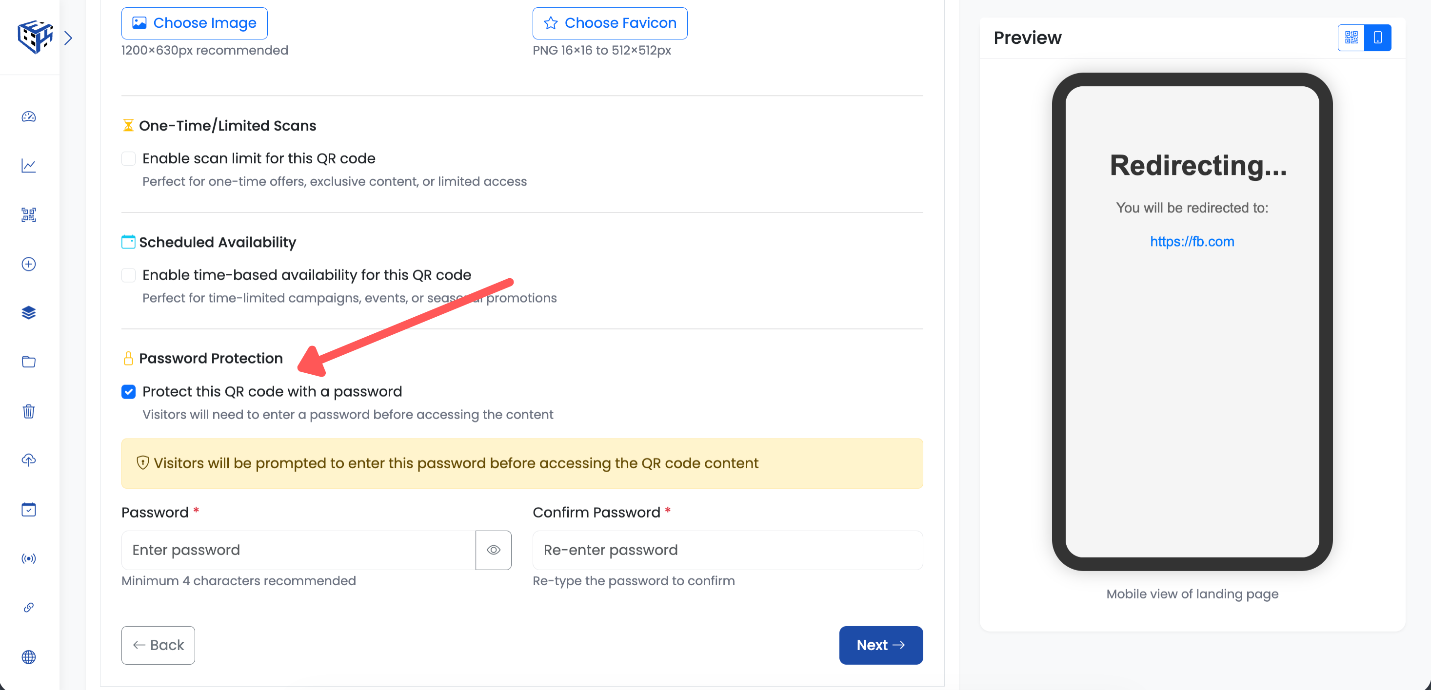 Enable password protection checkbox