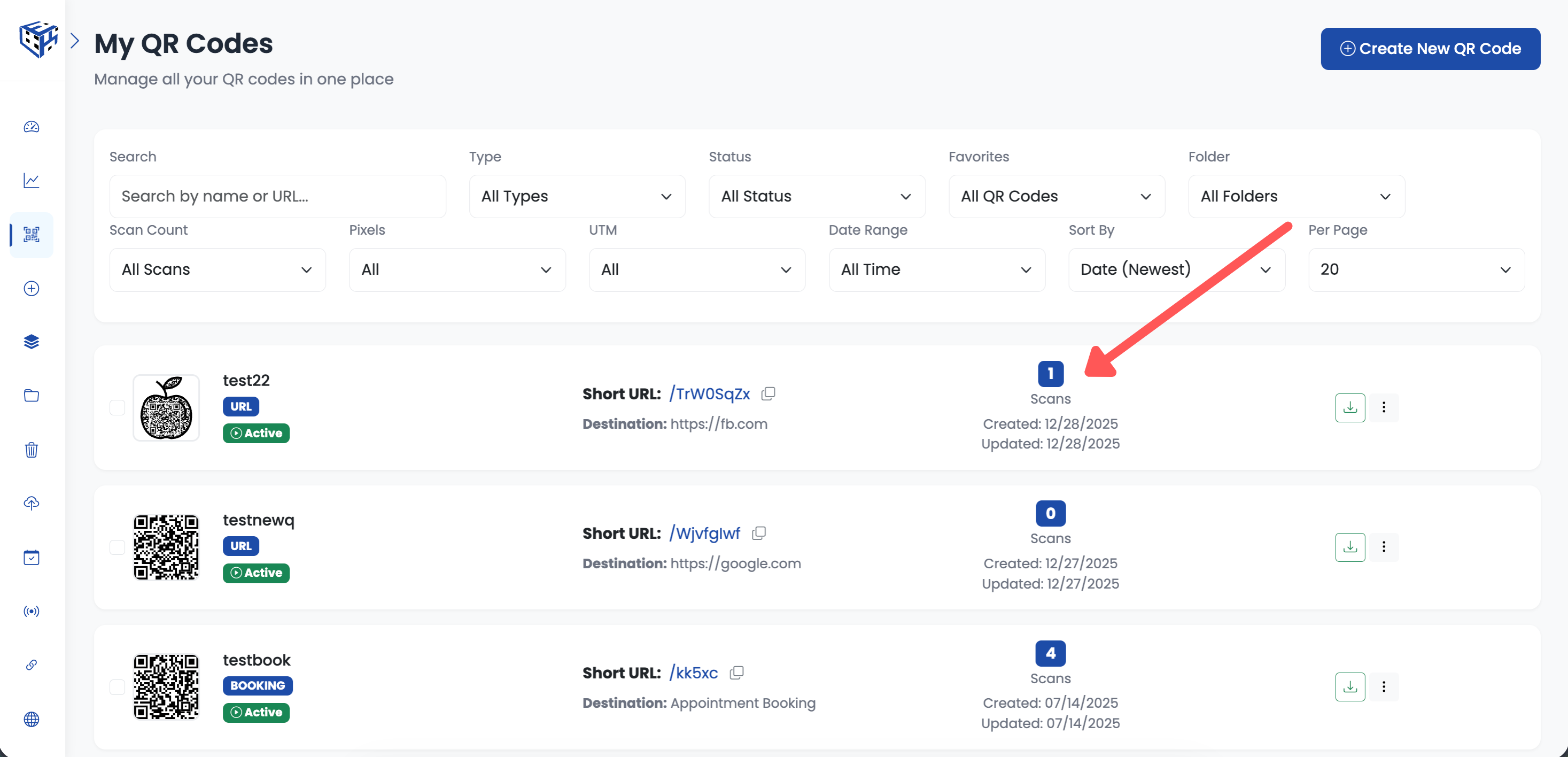 Click Scans on QR code card