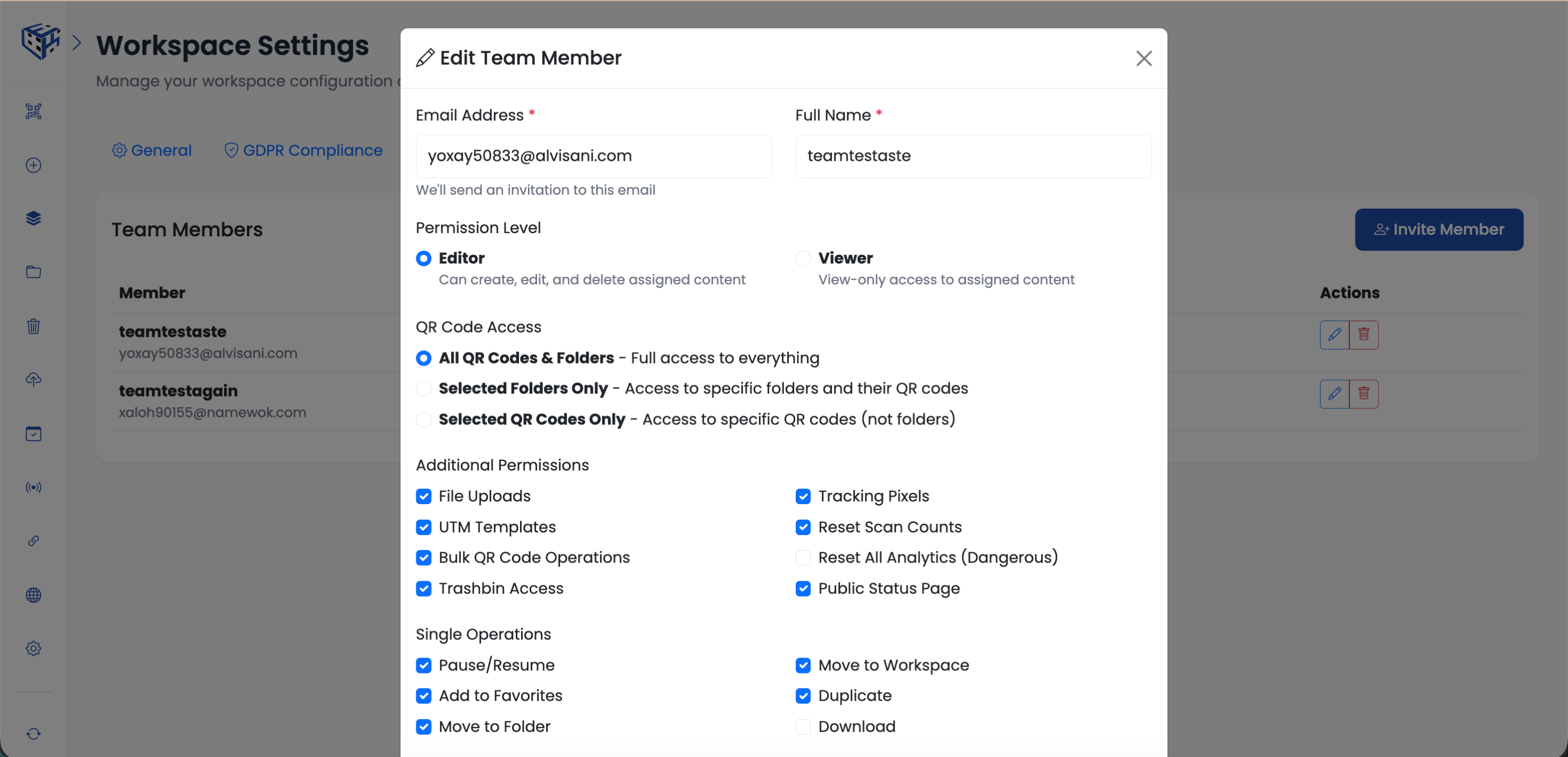 Invitation form with permissions