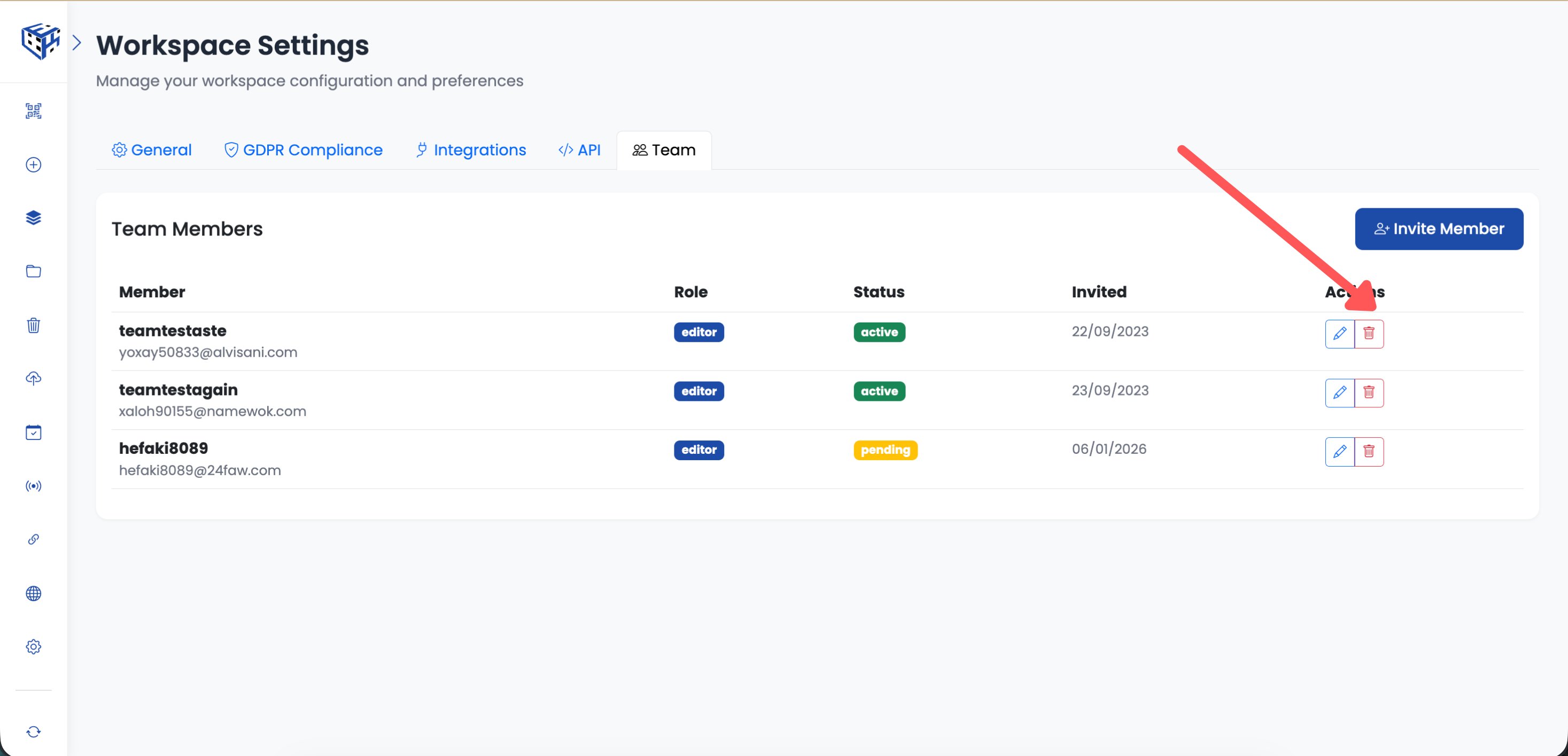 Trash icon to remove member
