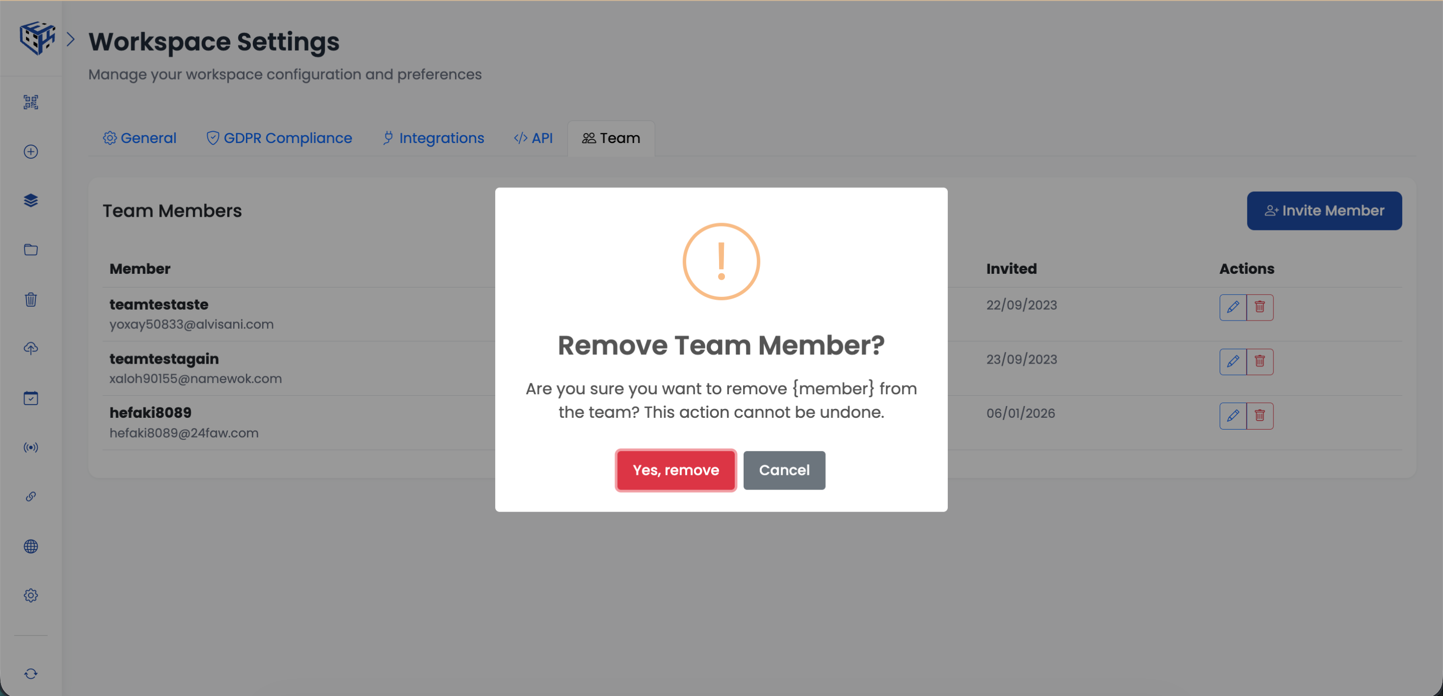 Remove team member confirmation