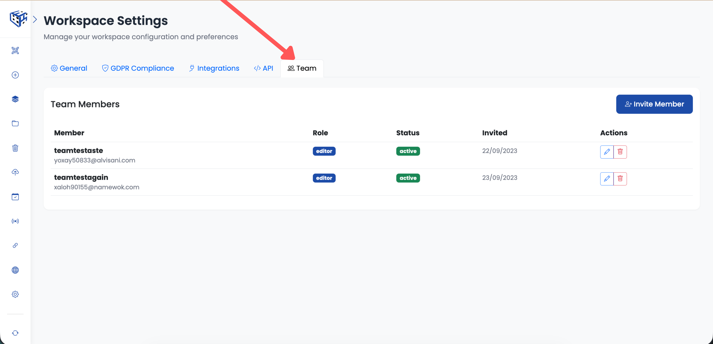 Team tab in Settings