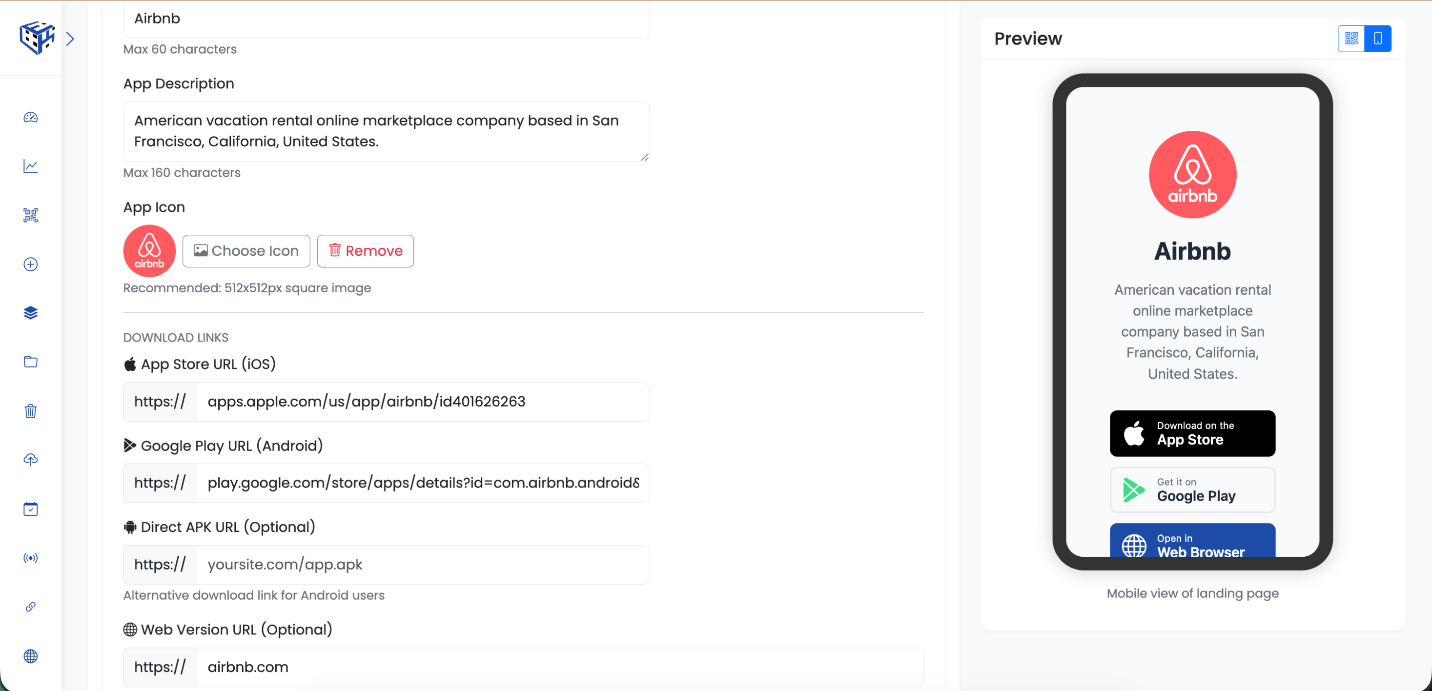 App Download QR code creation form