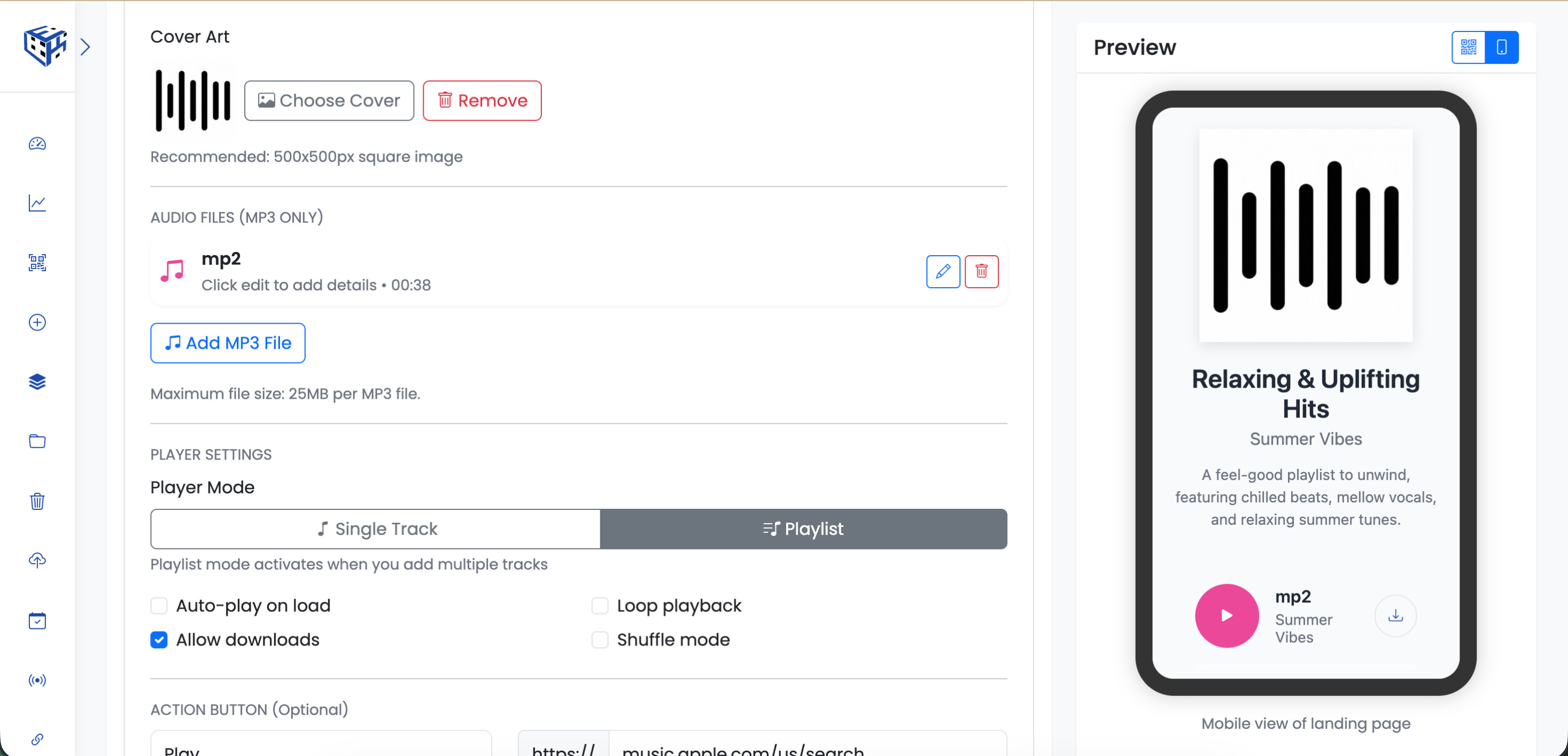 Audio QR code creation form