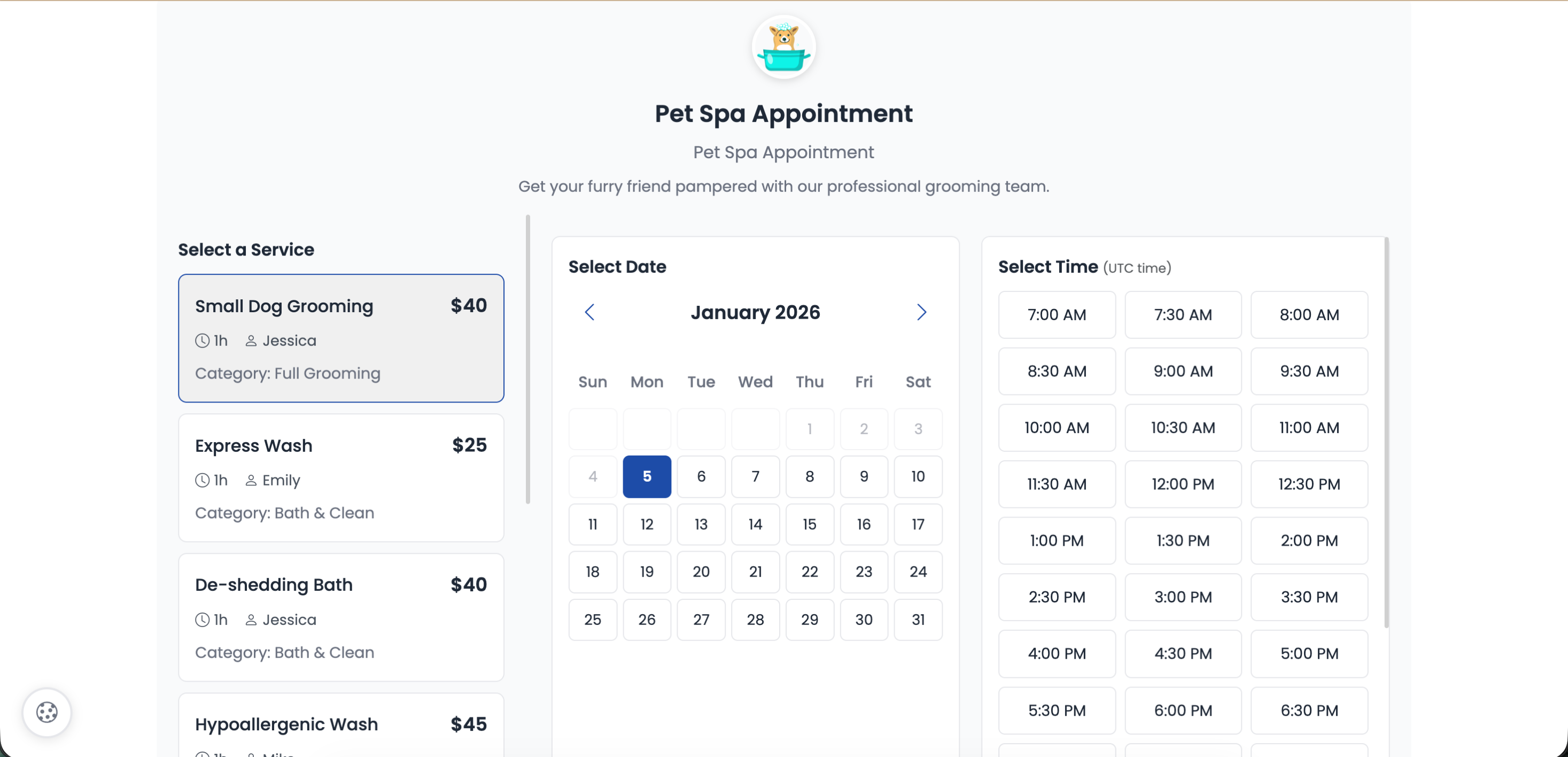 Booking landing page