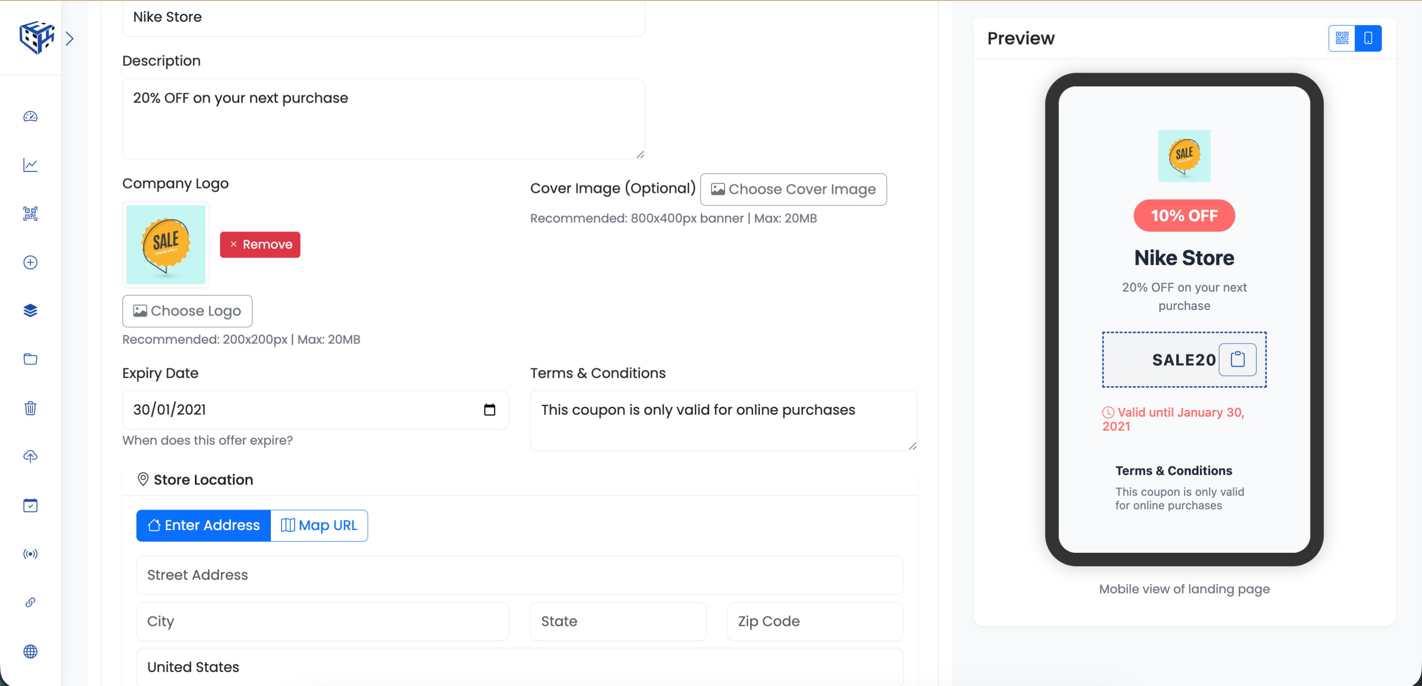 Coupon QR code creation form