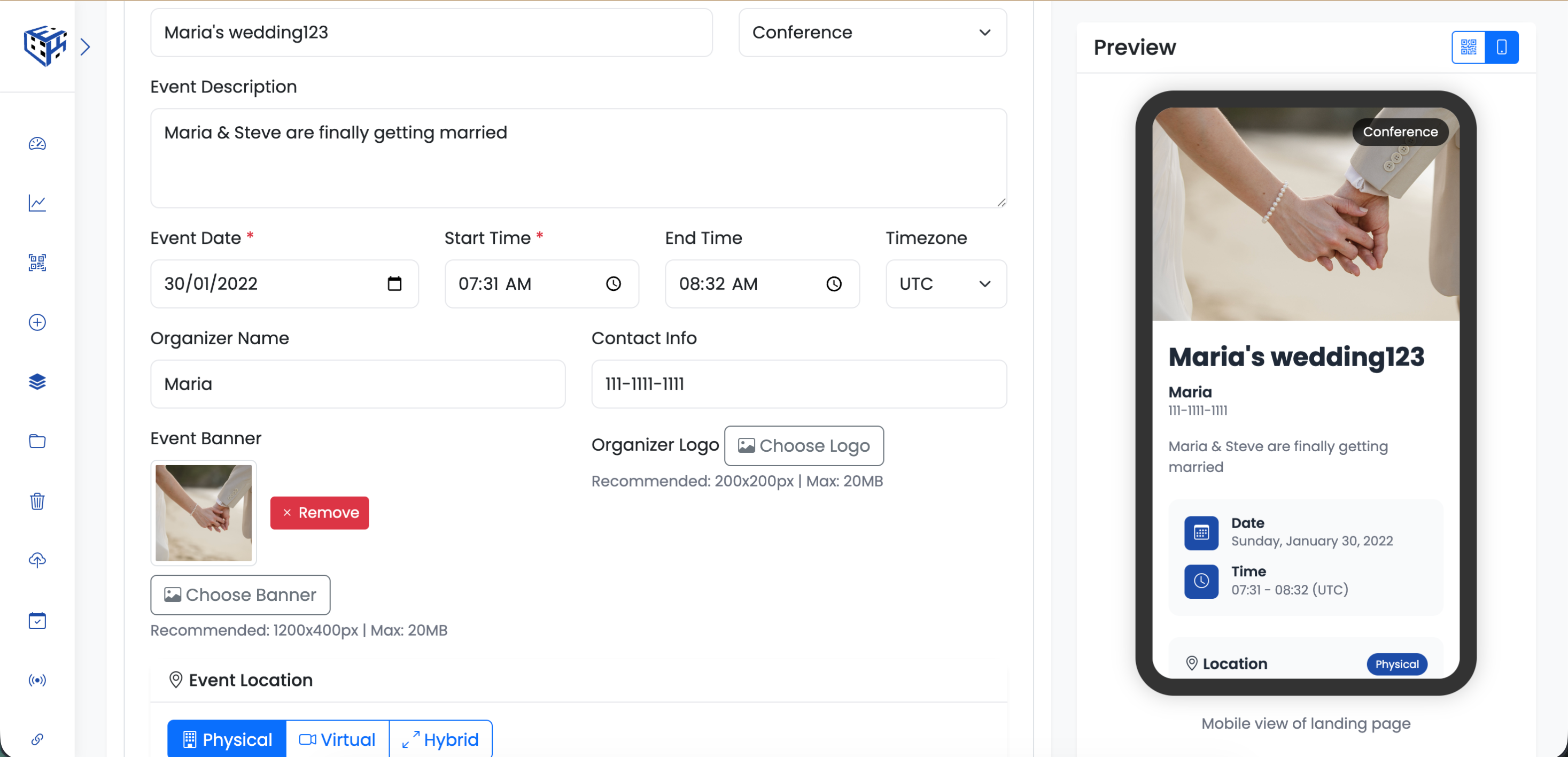 Event QR code creation form