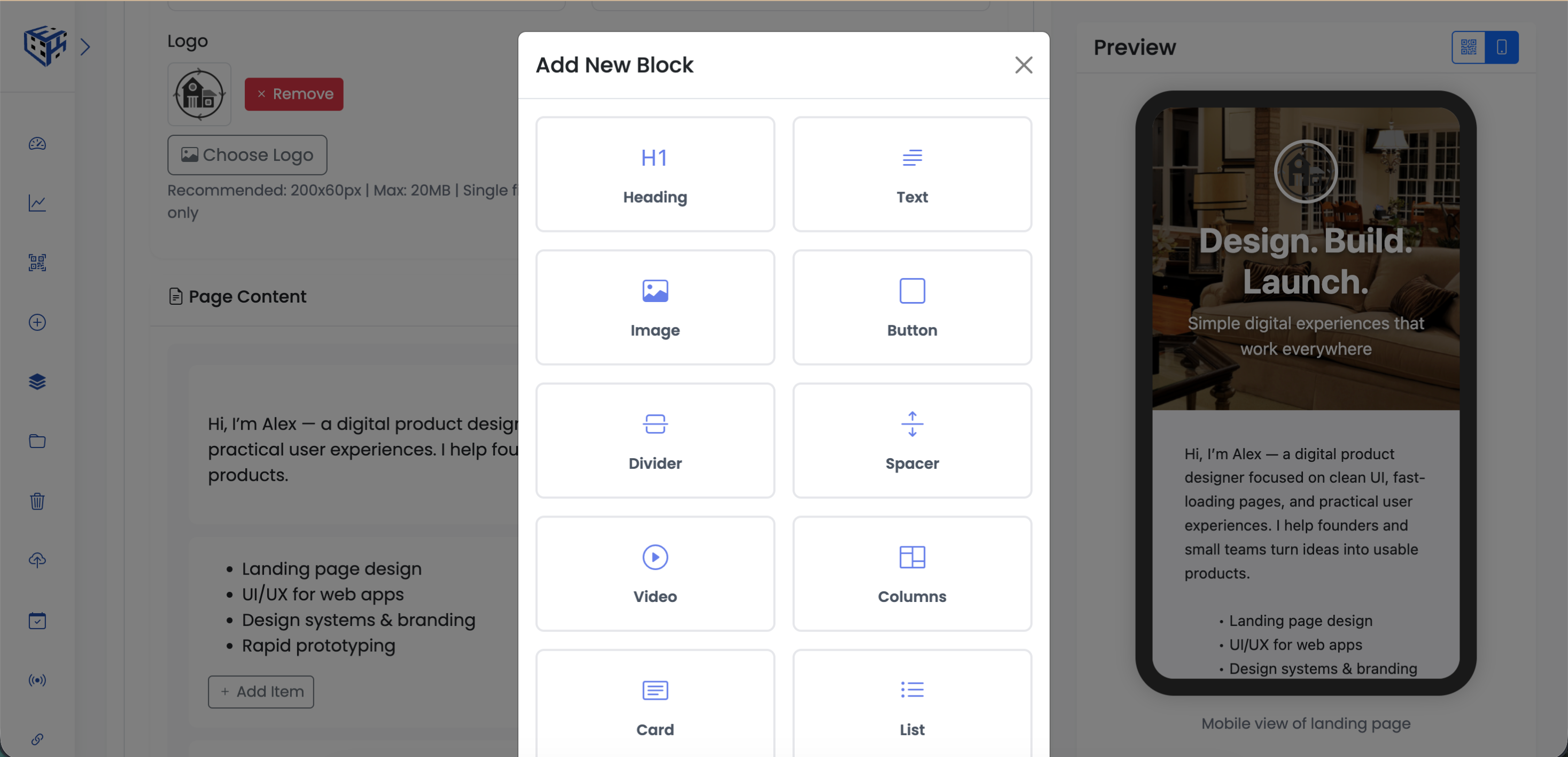 Landing Page QR code block editor