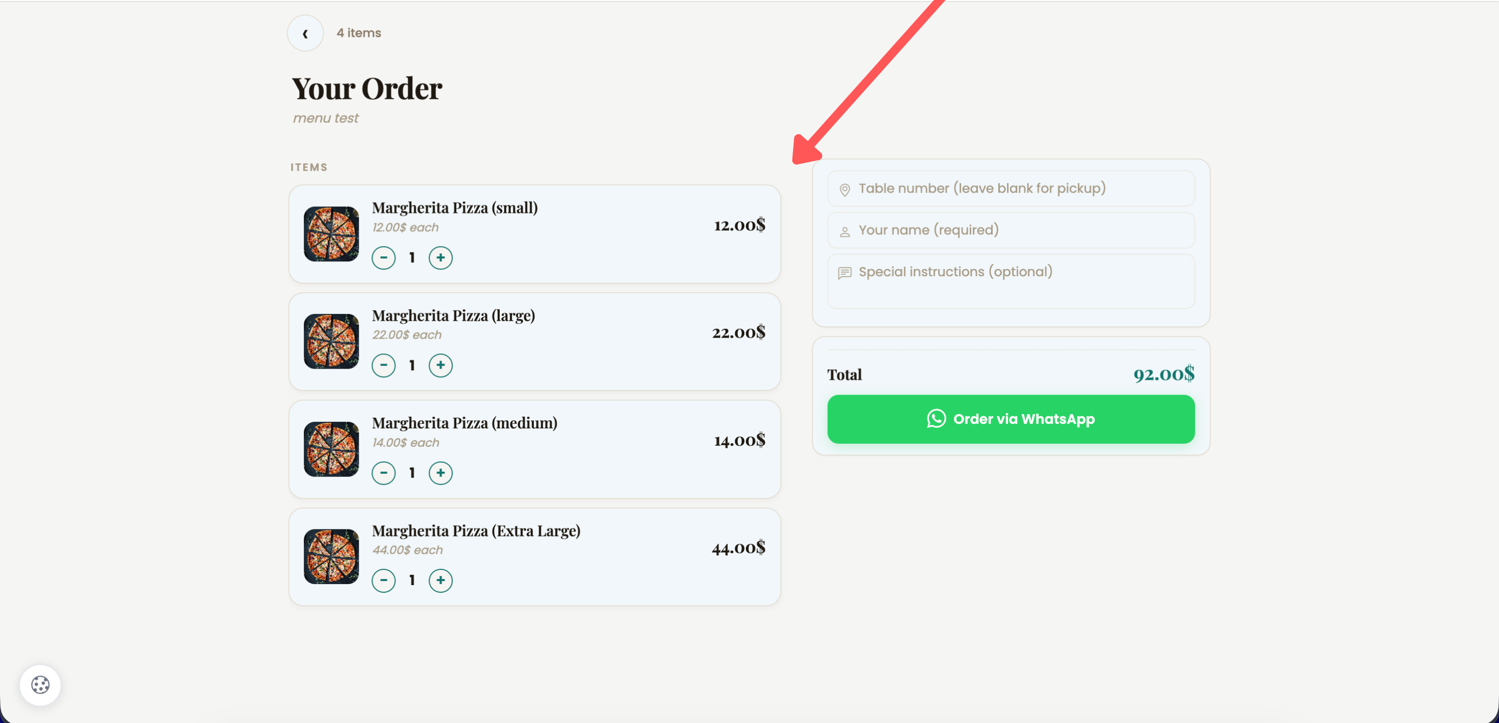 Checkout screen with items, pickup details, summary and Order via WhatsApp button
