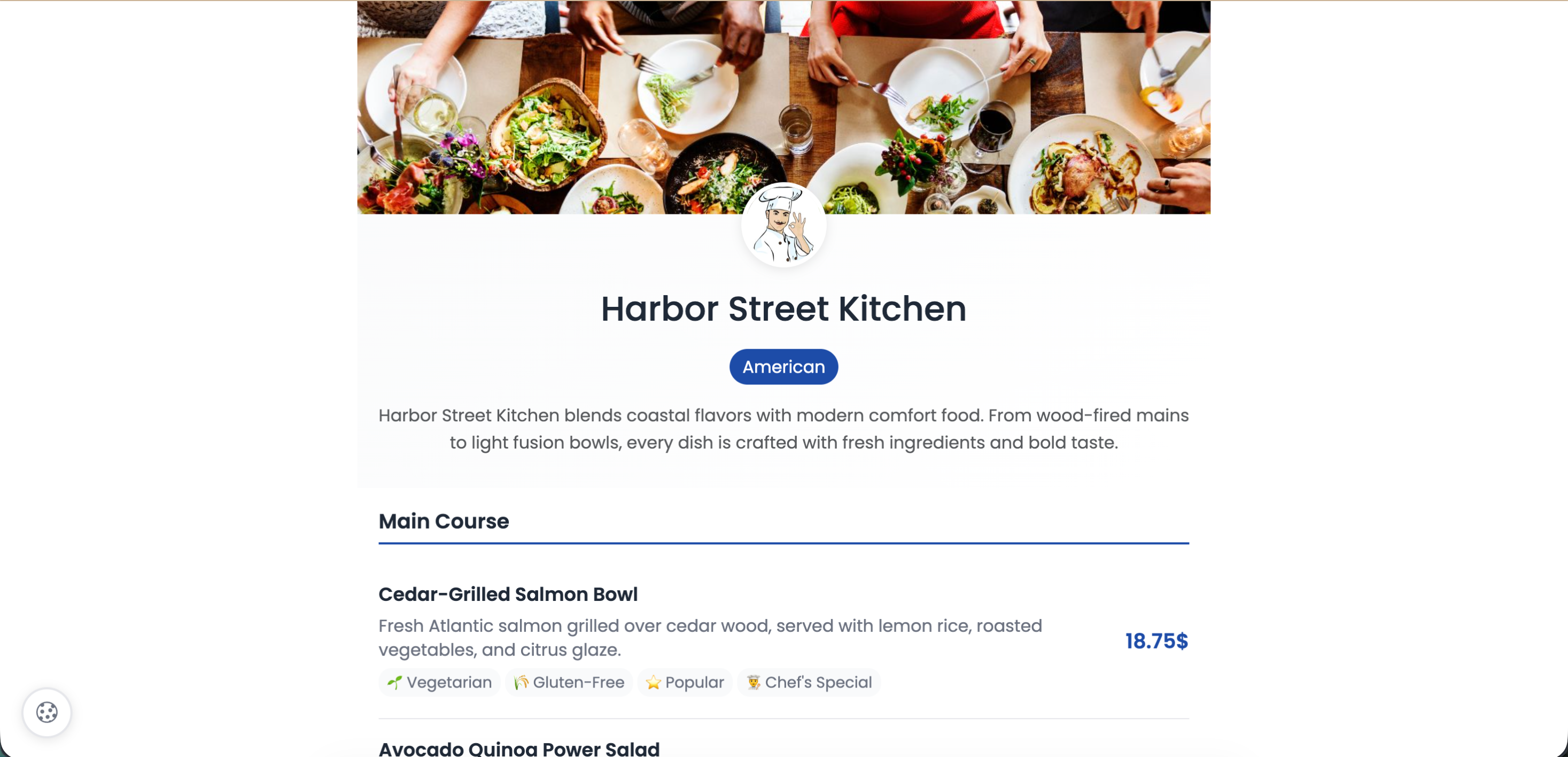 Digital menu landing page