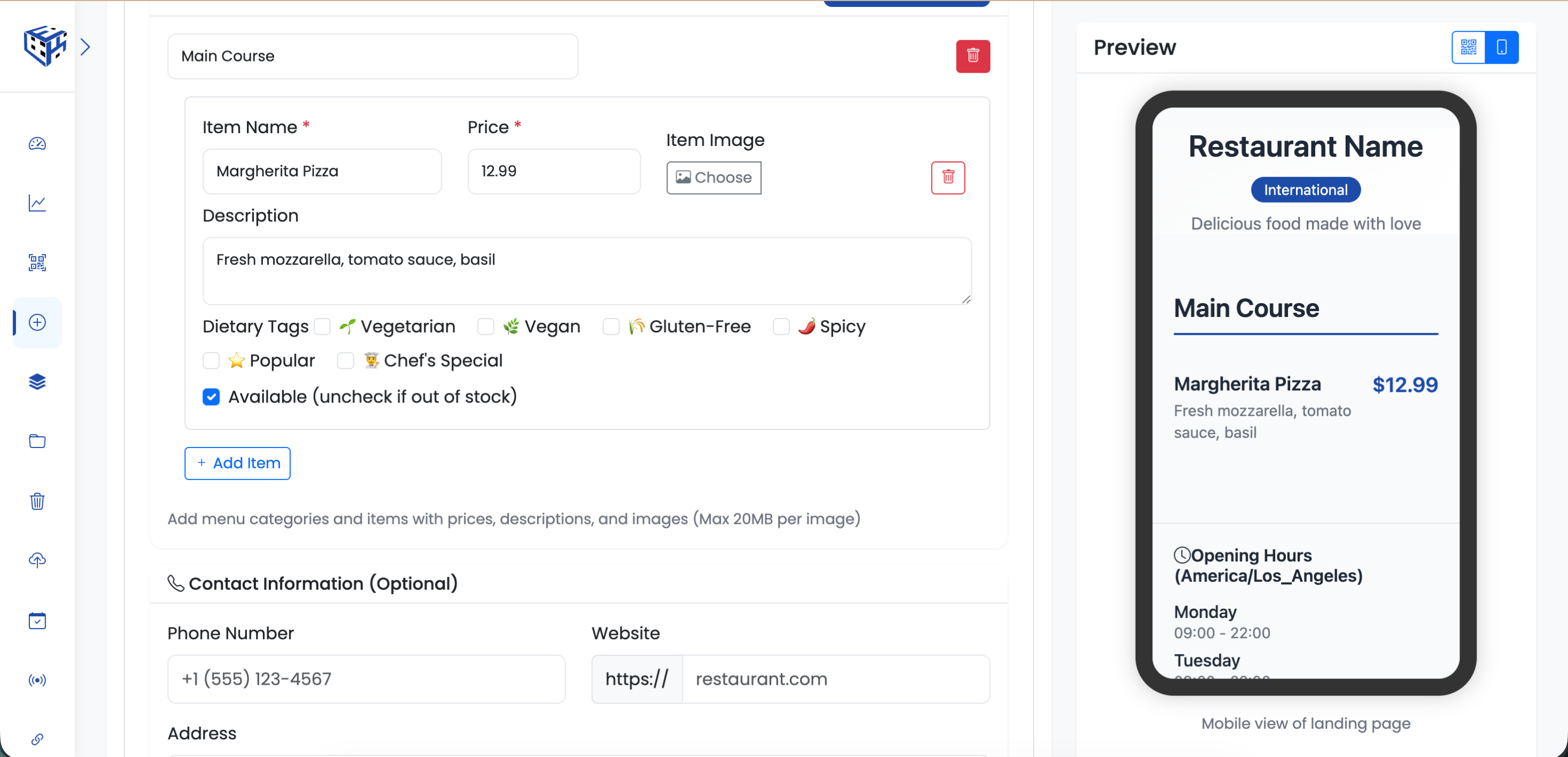 Menu QR code creation form