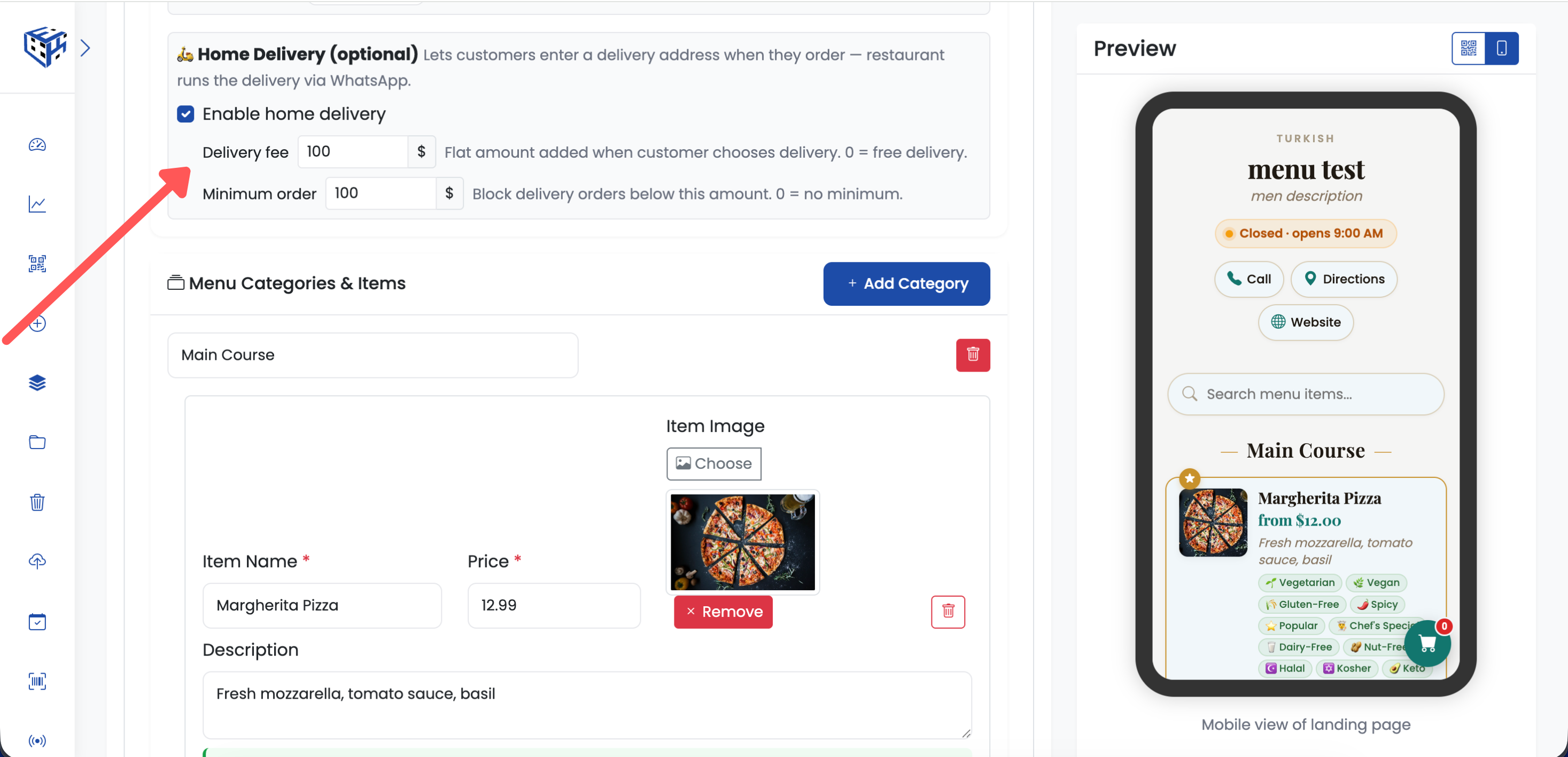 Home Delivery panel in the menu editor with toggle, delivery fee, and minimum order fields