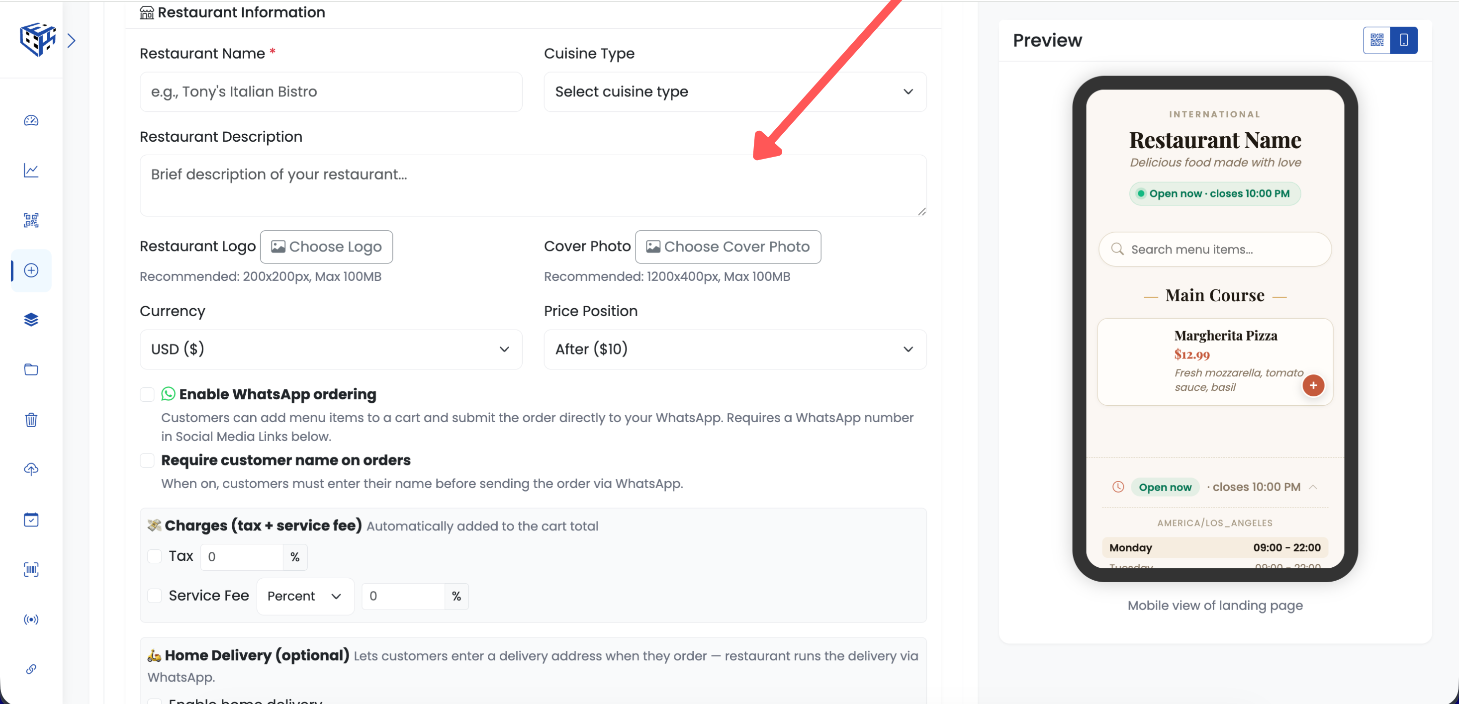 Top of the Menu QR editor with restaurant name, cuisine, and currency fields