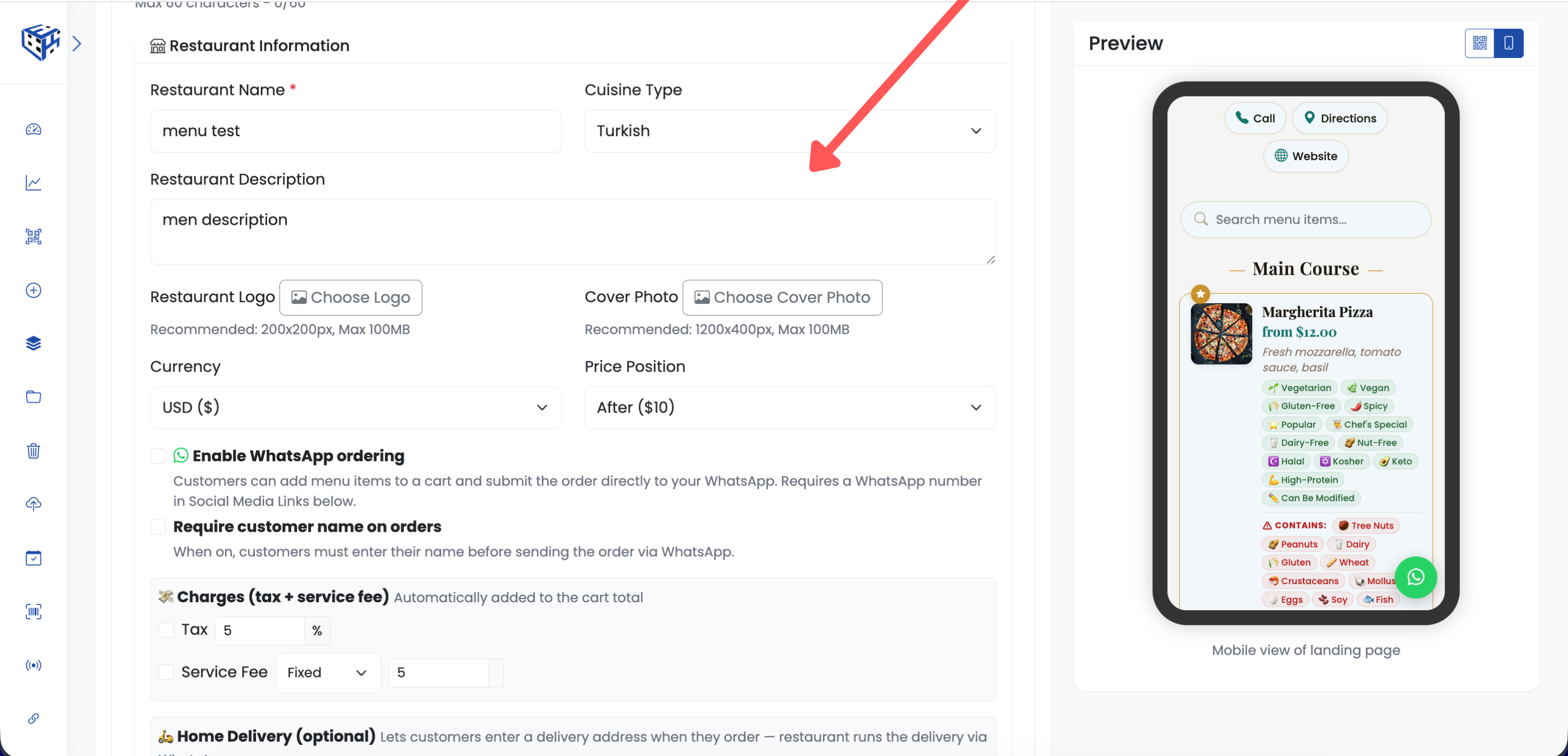 Item editor — name, price, image, description, dietary tag pills