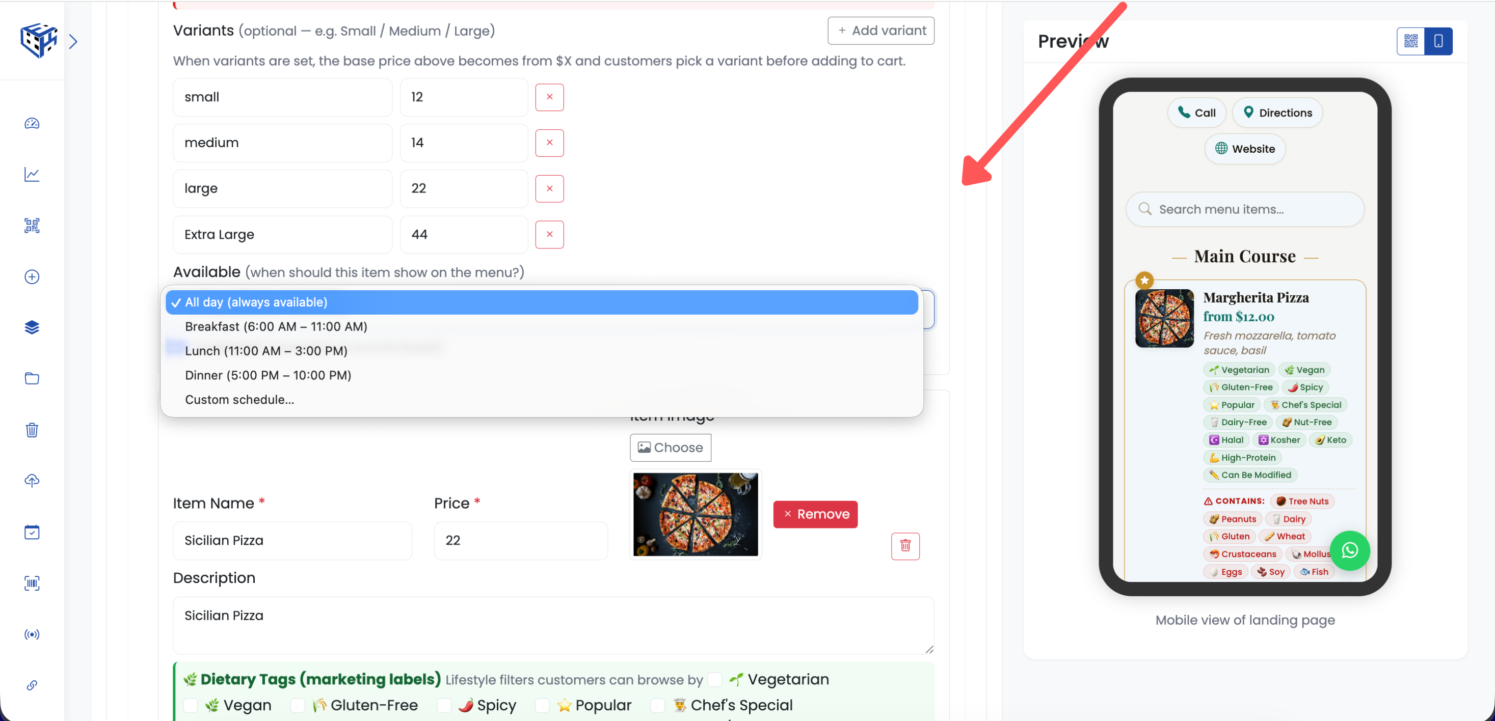 Item editor — variants (sizes), scheduled visibility, and available toggle