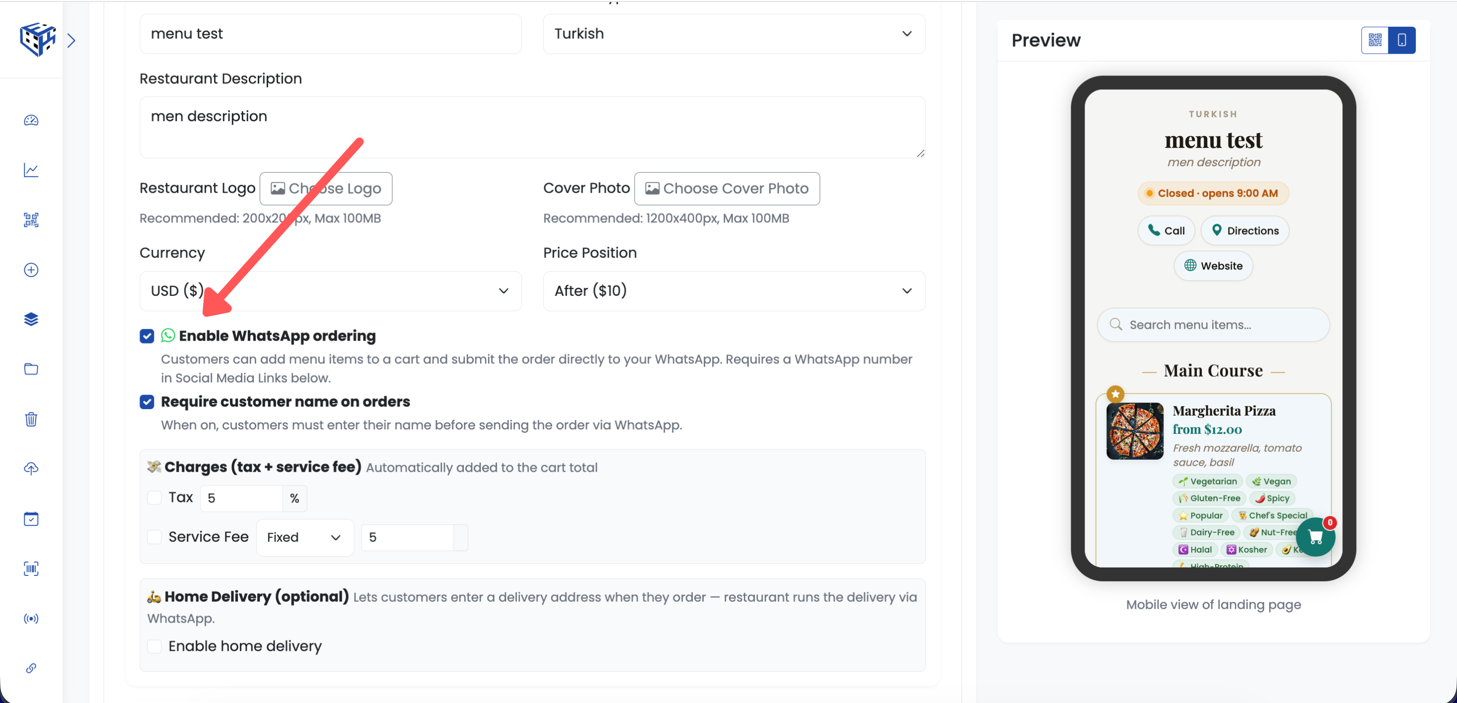 Enable ordering toggle + WhatsApp number field