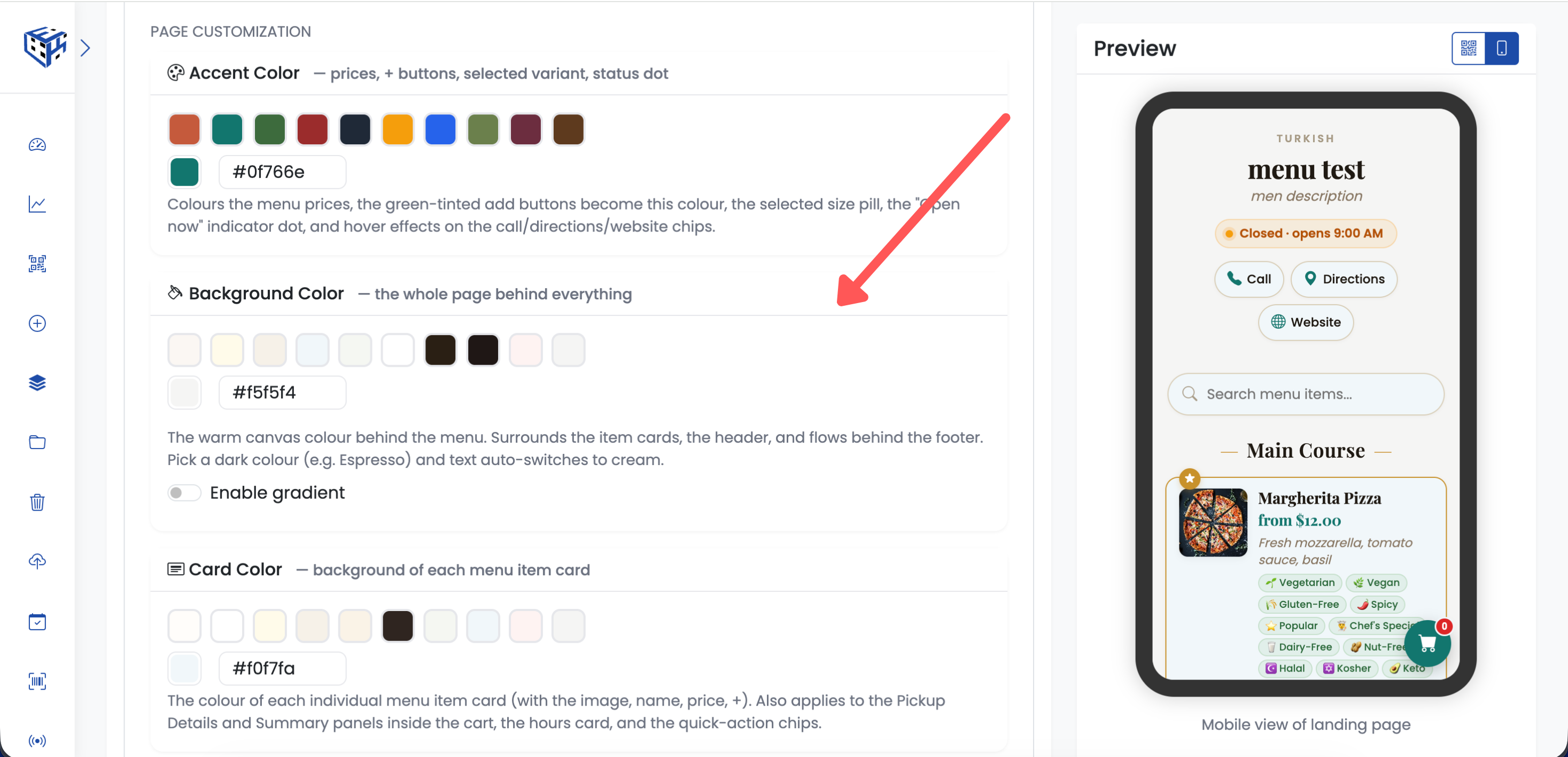 Page Customization section — accent, background, card colors and font