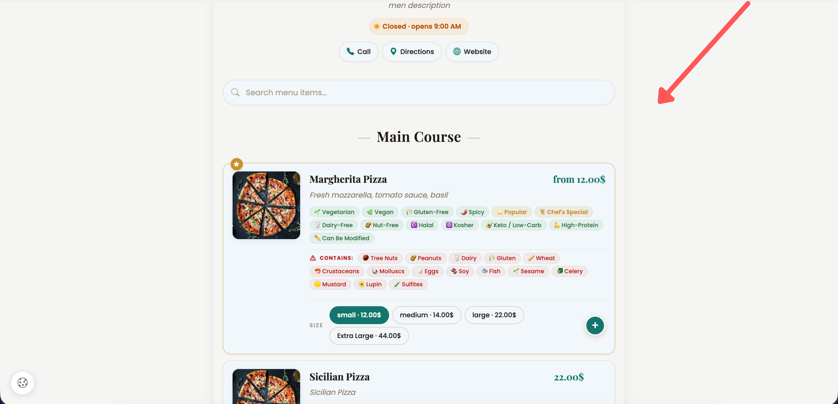 Digital menu landing page