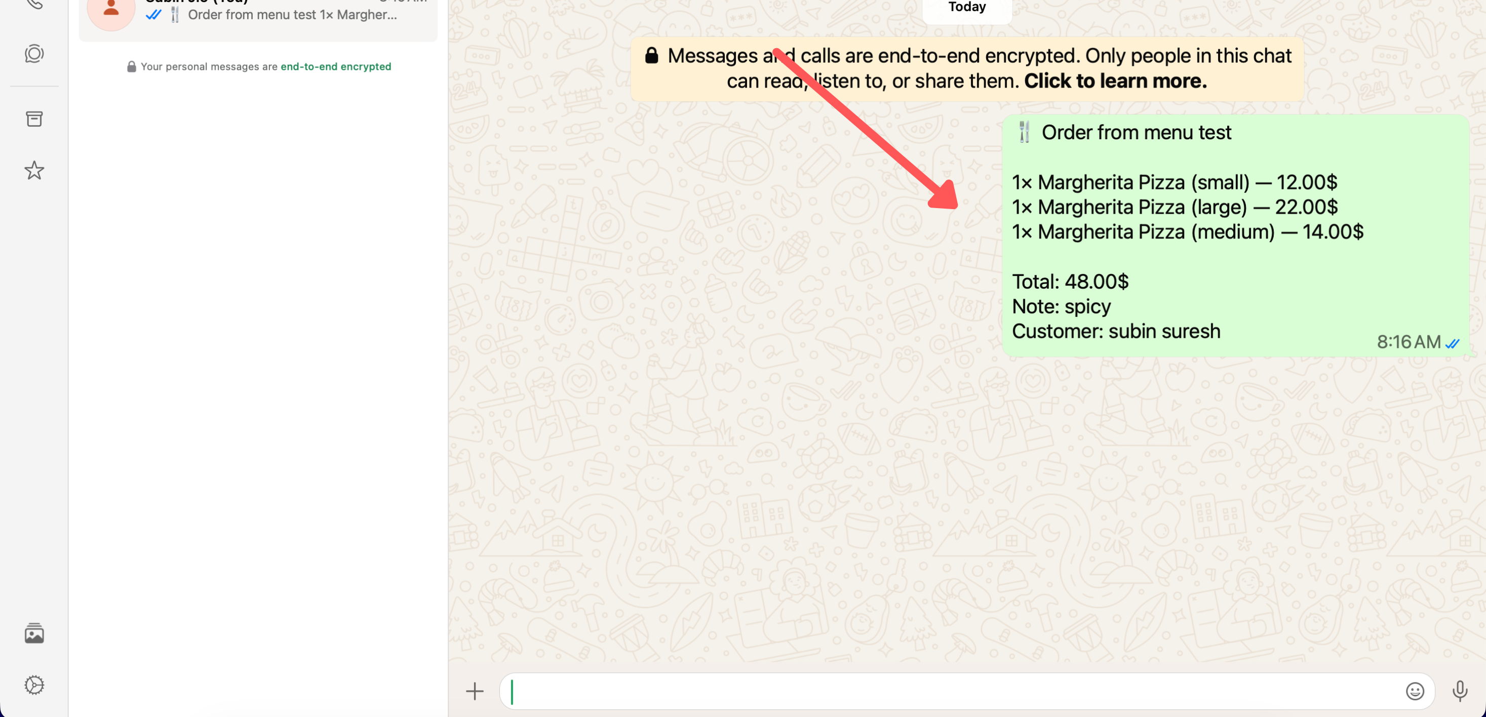 WhatsApp message preview showing a received order