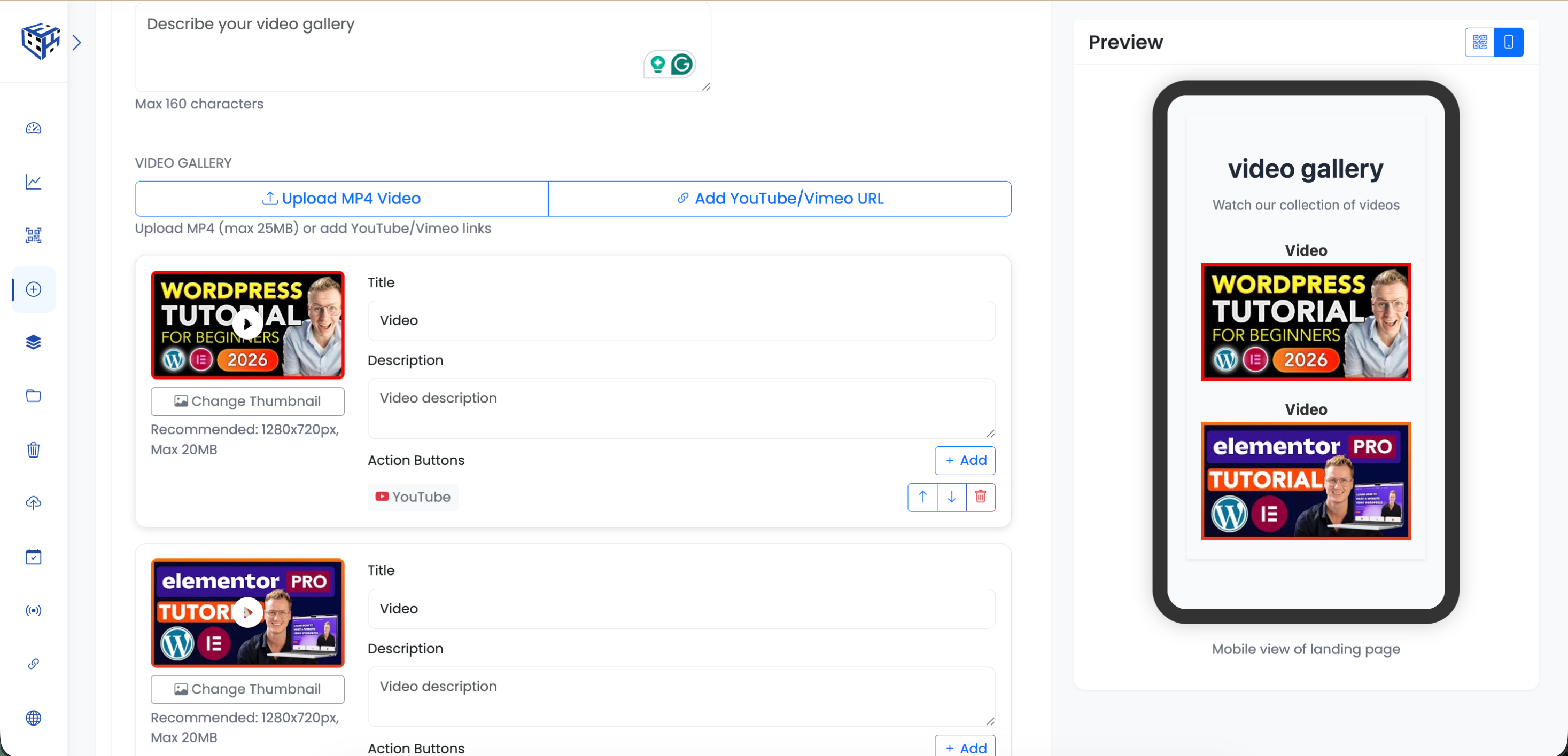 Video QR code landing page