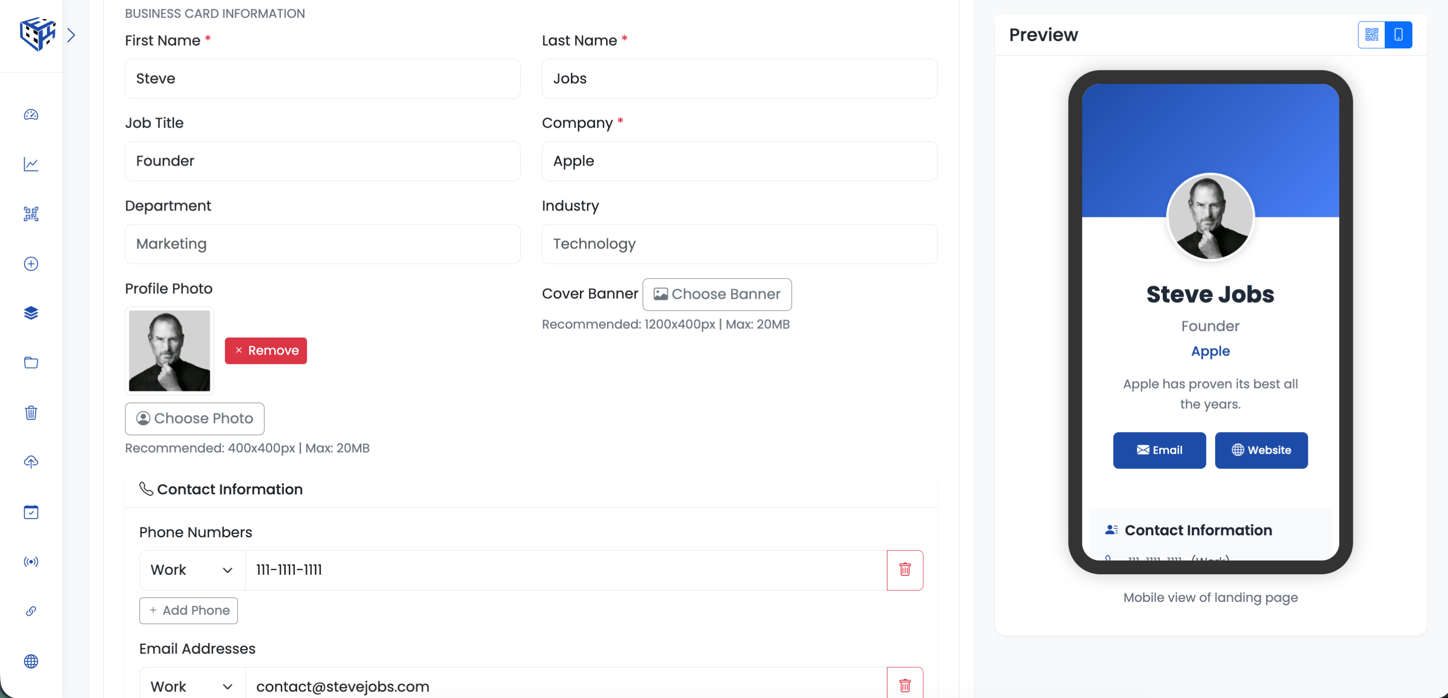 vCard Plus QR code creation form