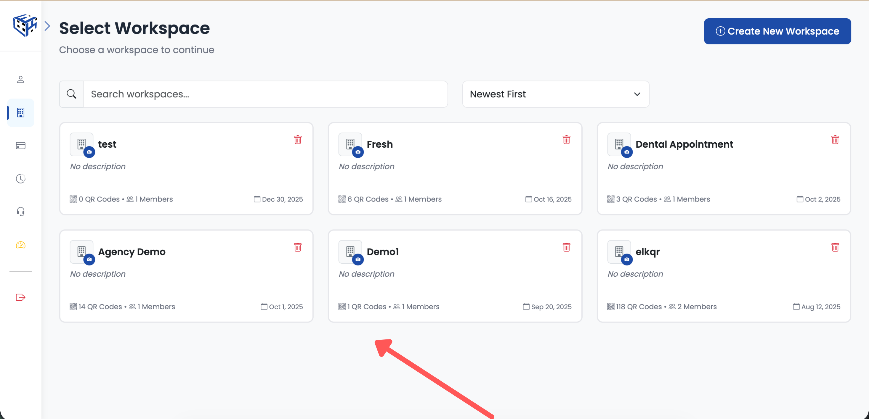 Workspace selection page