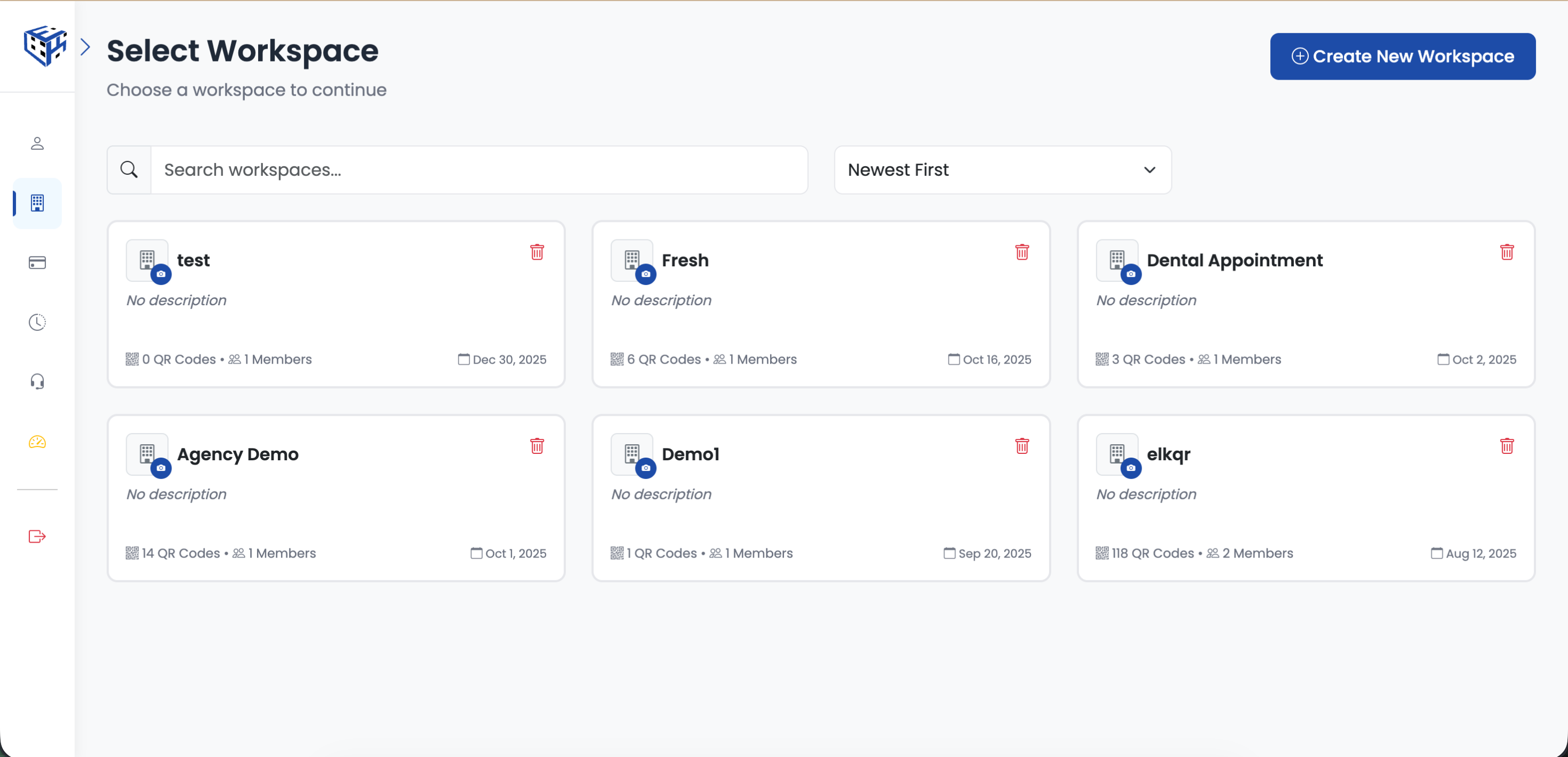 Workspace selection page