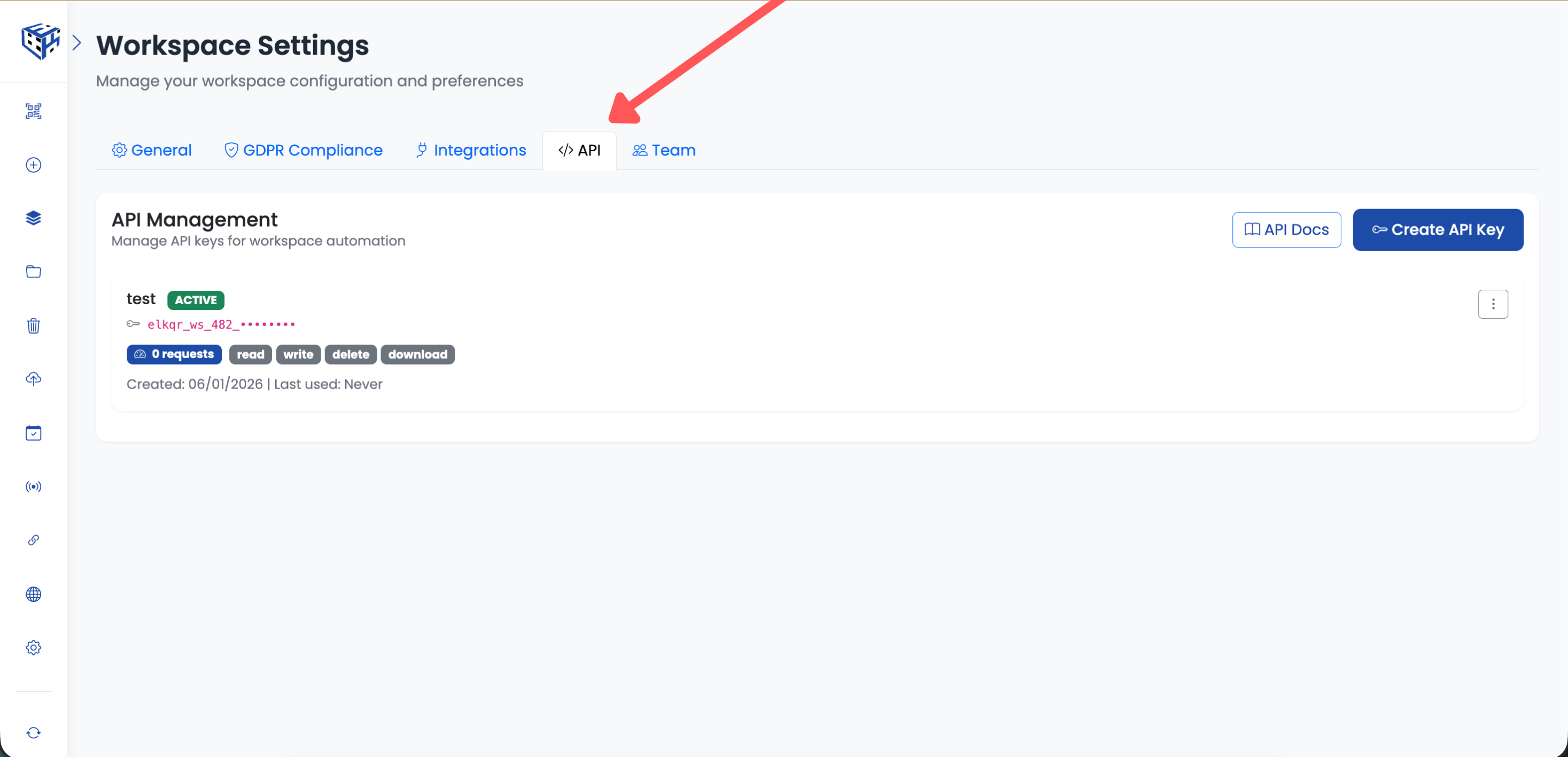 API Tab - Create and manage API keys