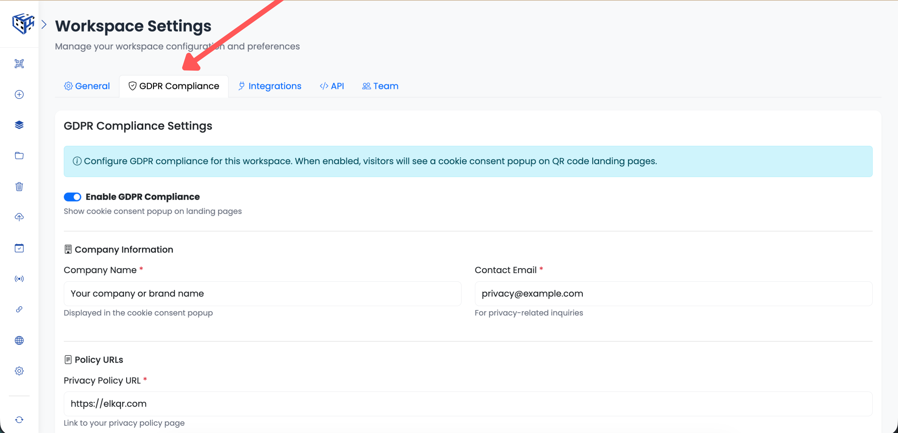GDPR Compliance Tab settings