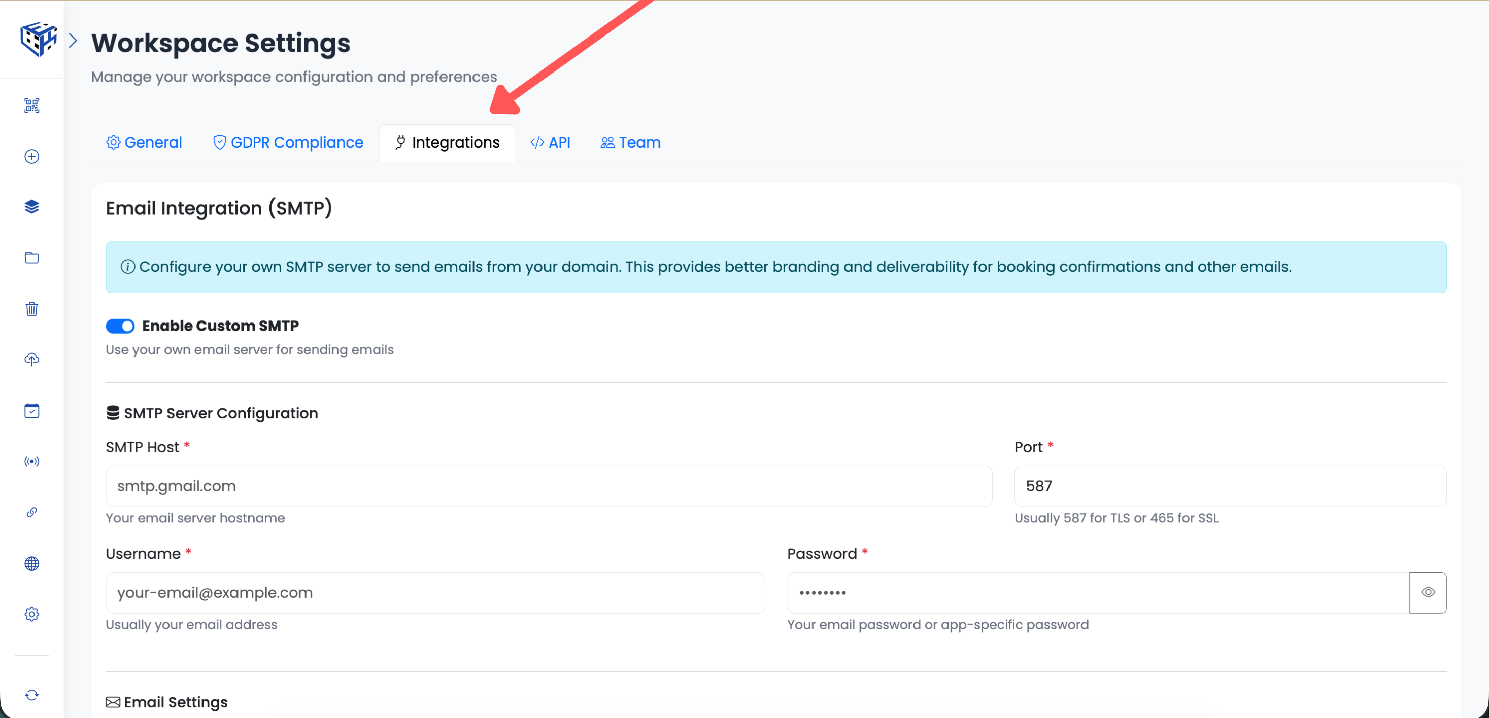 Integrations Tab - Custom SMTP settings