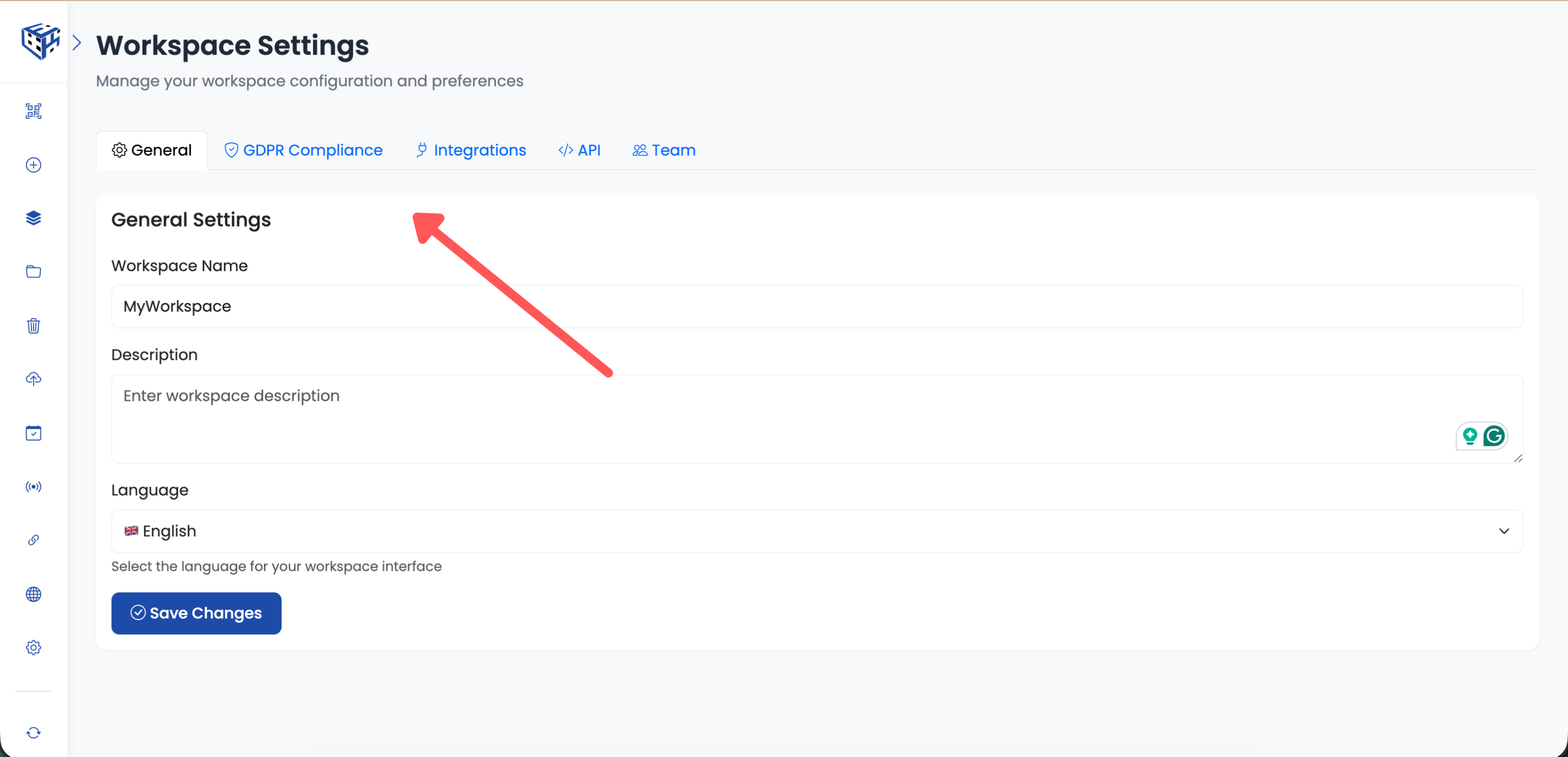 Settings page with tabs