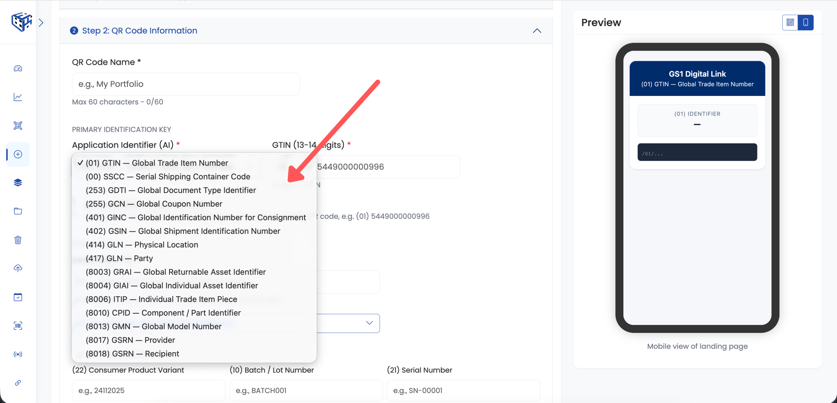 GS1 Application Identifier type selector in ElkQR