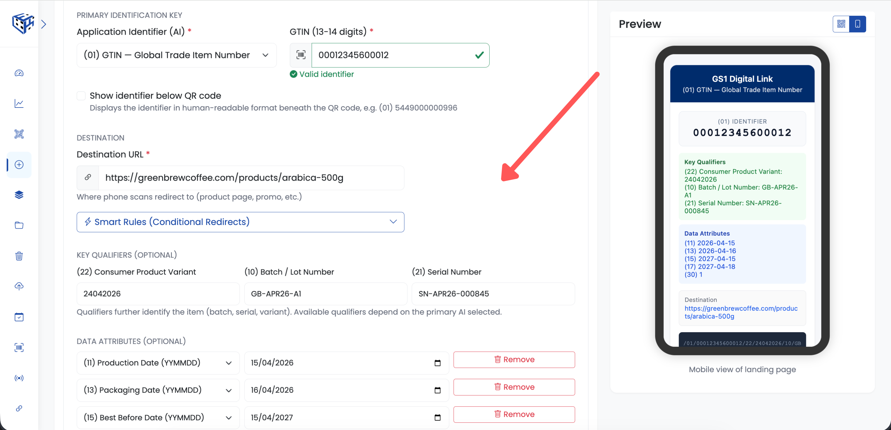GS1 Digital Link creation form in ElkQR